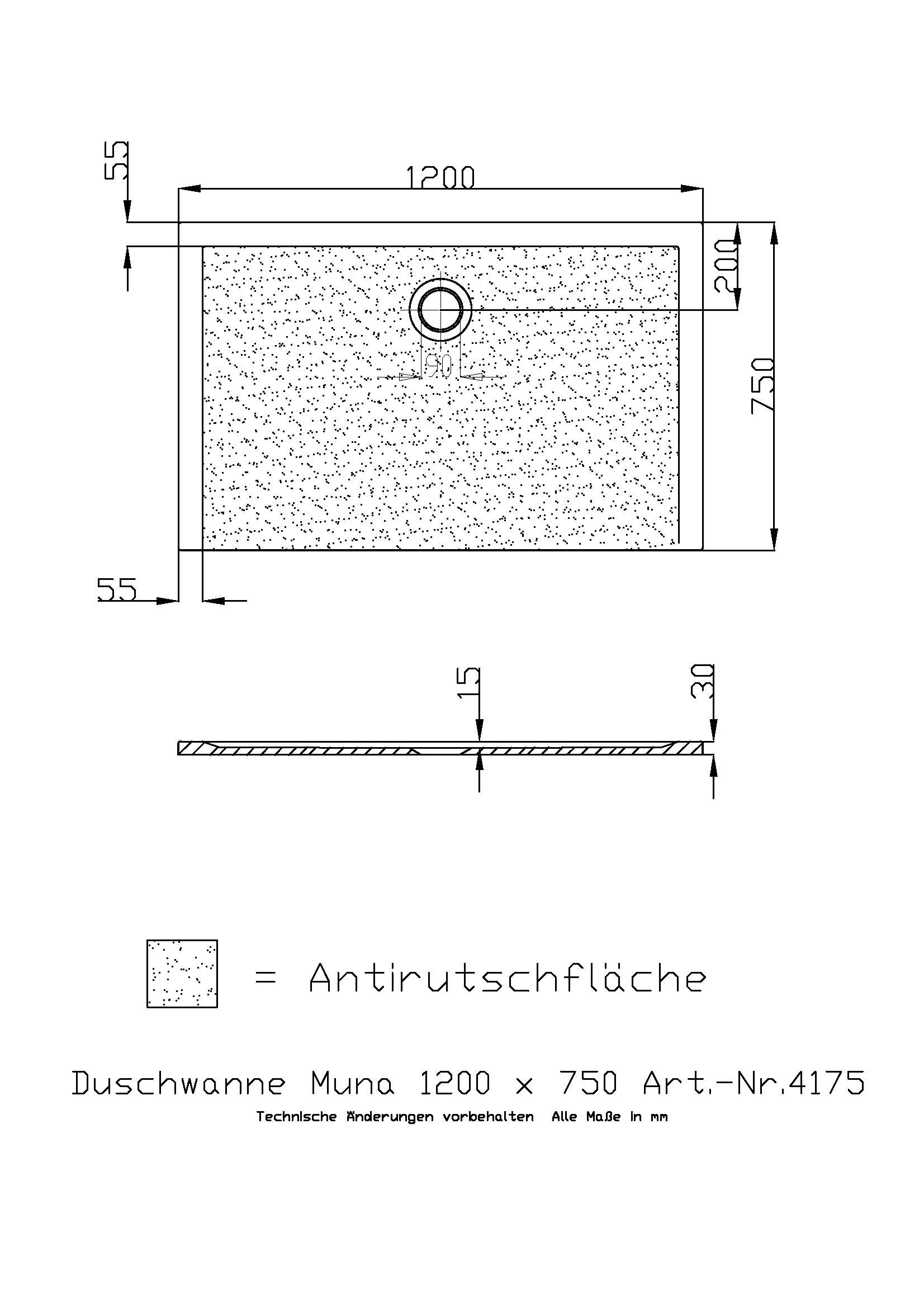 Hoesch Duschwanne Muna 1200x750x30 mit Antirutsch, Material Solique, weiß