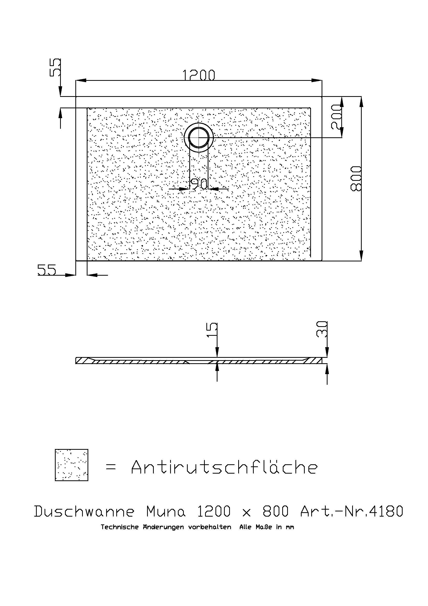 Hoesch Duschwanne Muna 1200x800x30 mit Antirutsch, Material Solique, weiß
