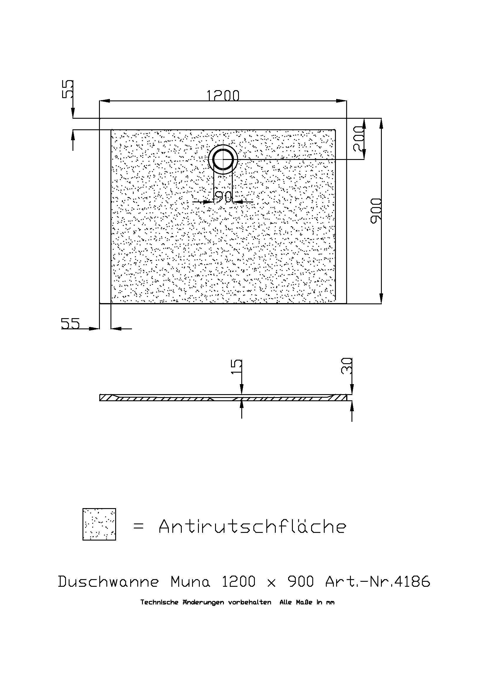Hoesch Duschwanne Muna 1200x900x30 mit Antirutsch, Material Solique, weiß