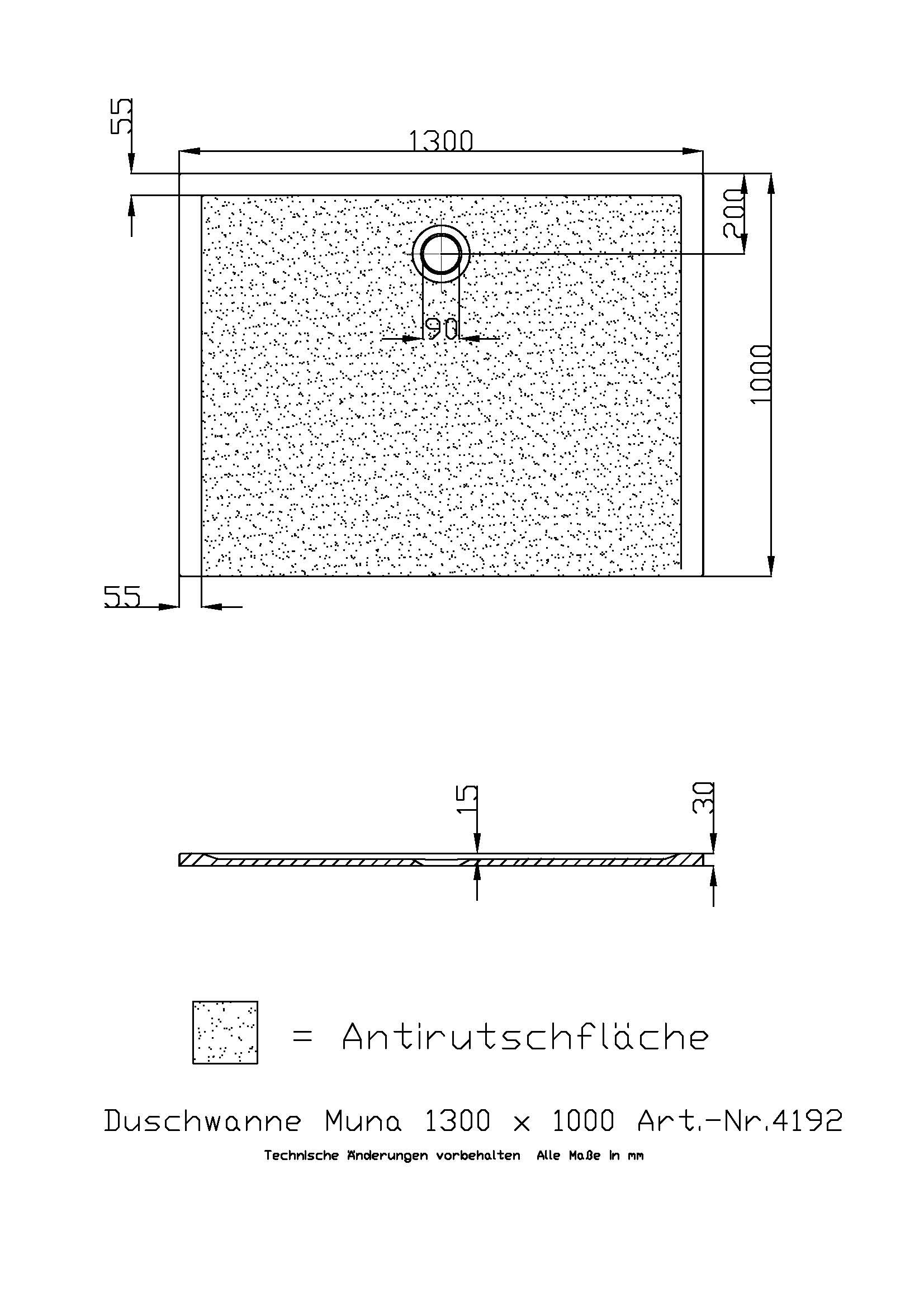 Hoesch Duschwanne Muna 1300x1000x30 mit Antirutsch, Material Solique, weiß