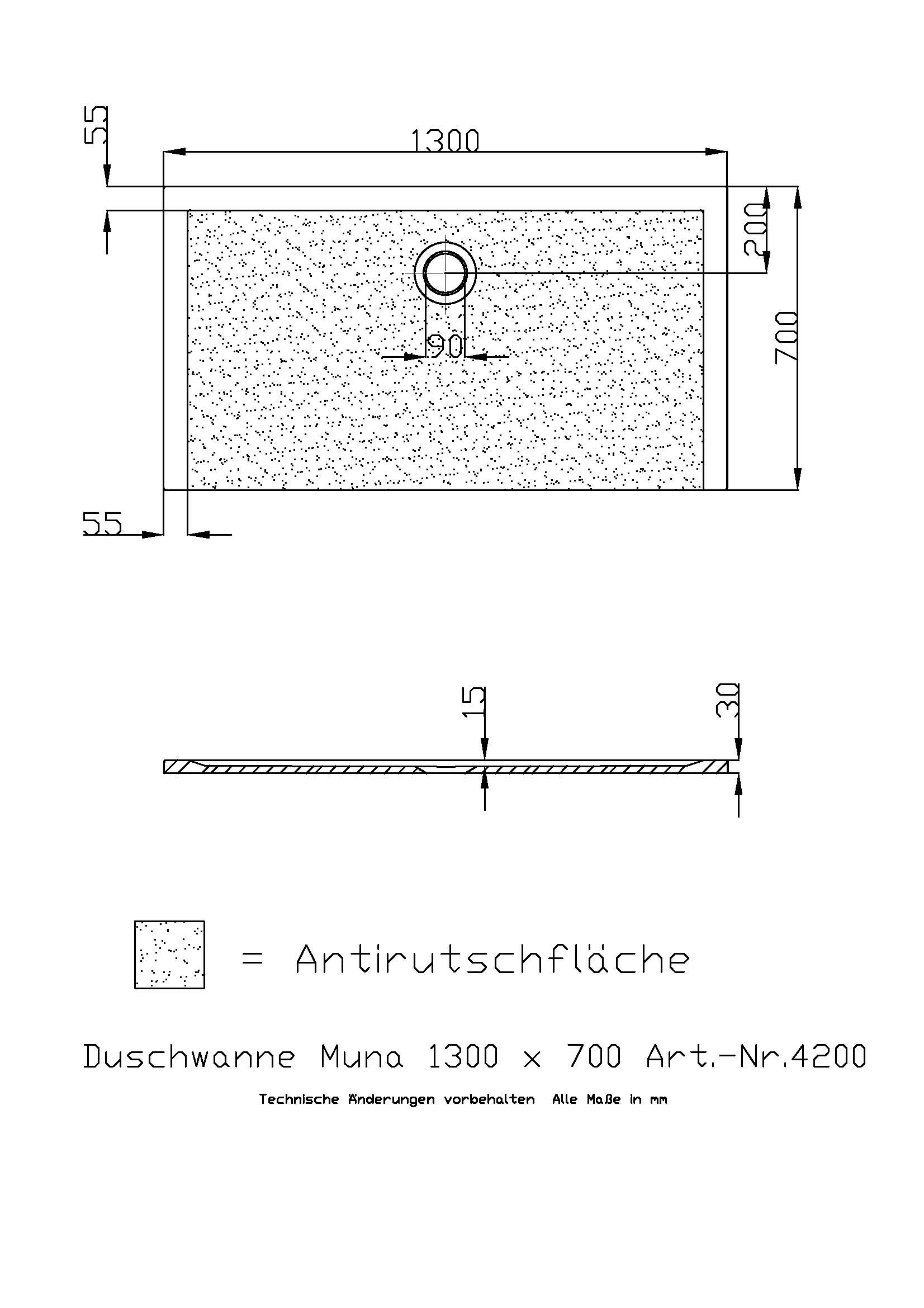 Hoesch Duschwanne Muna 1300x700x30 mit Antirutsch, Material Solique, weiß
