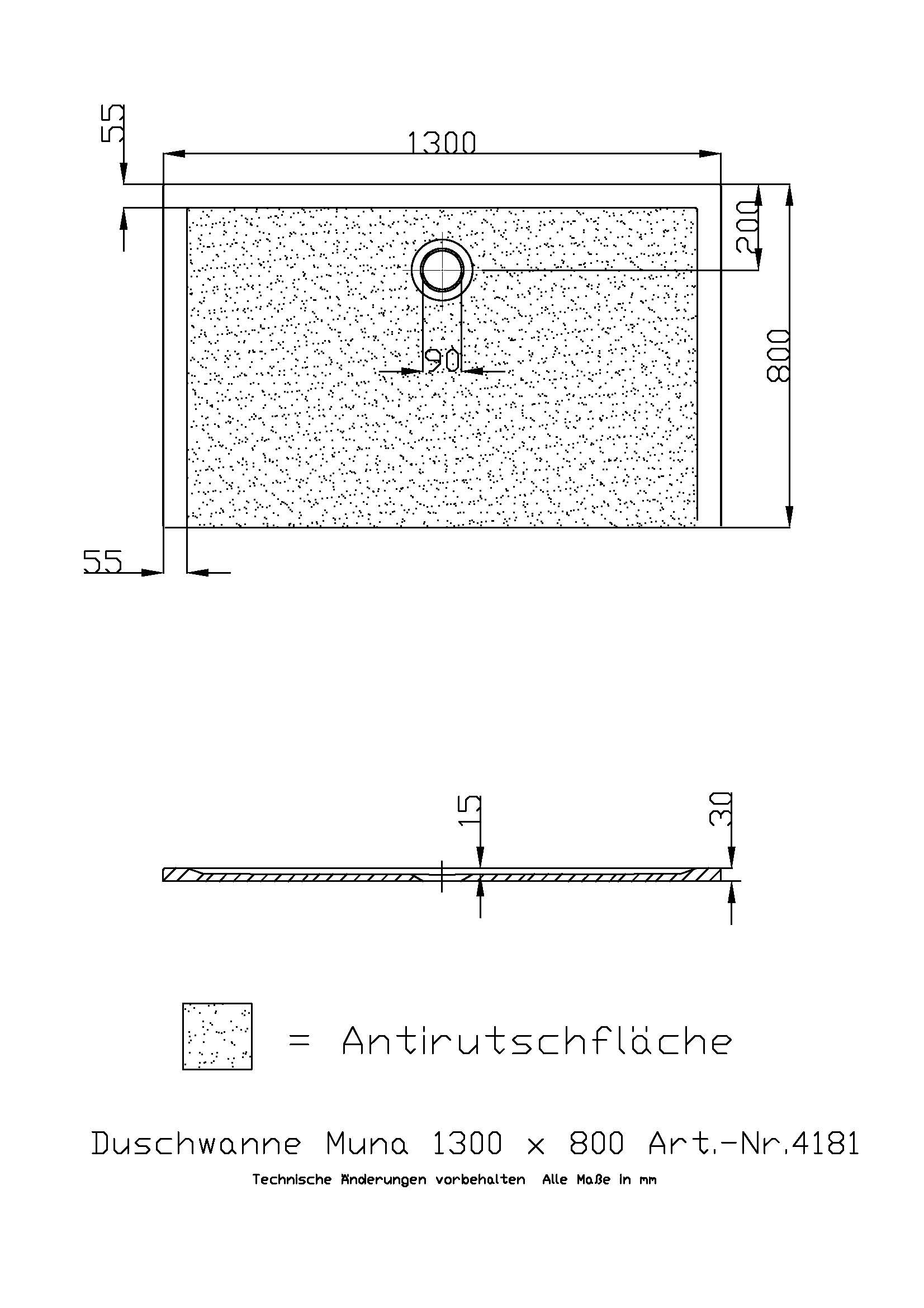 Hoesch Duschwanne Muna 1300x800x30 mit Antirutsch, Material Solique, weiß