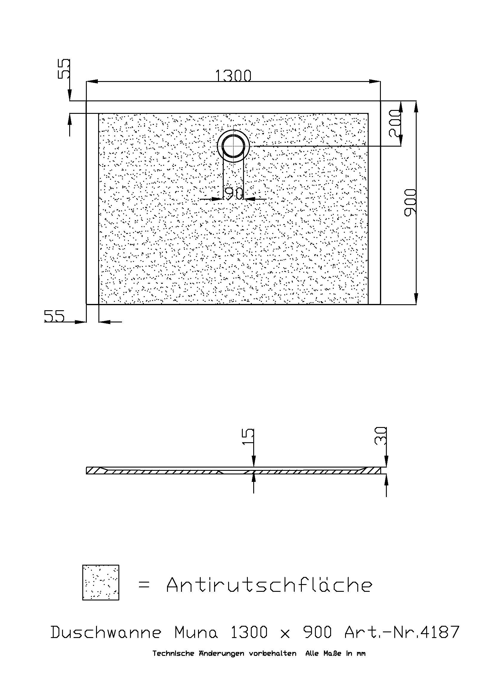 Hoesch Duschwanne Muna 1300x900x30 mit Antirutsch, Material Solique, weiß