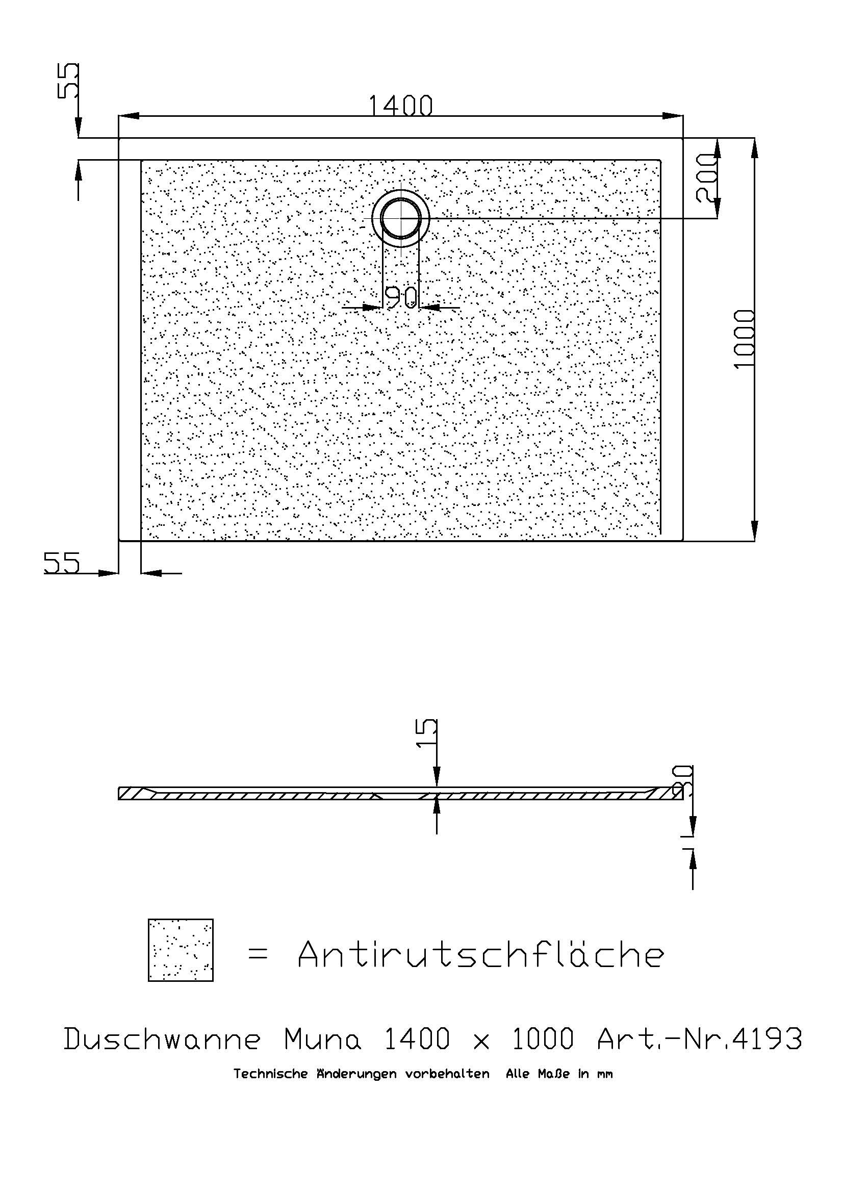 Hoesch Duschwanne Muna 1400x1000x30 mit Antirutsch, Material Solique, weiß