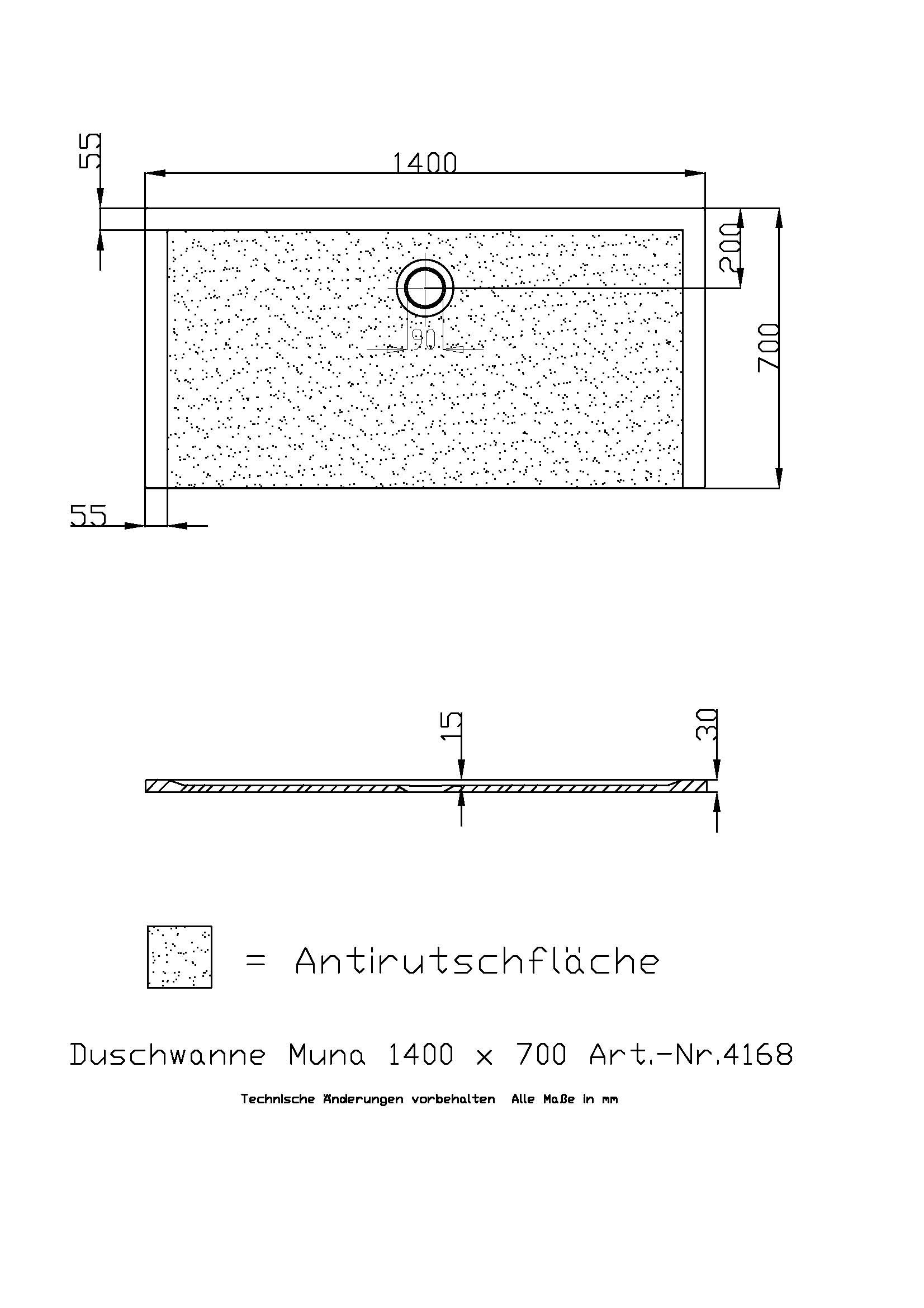Hoesch Duschwanne Muna 1400x700x30 mit Antirutsch, Material Solique, weiß