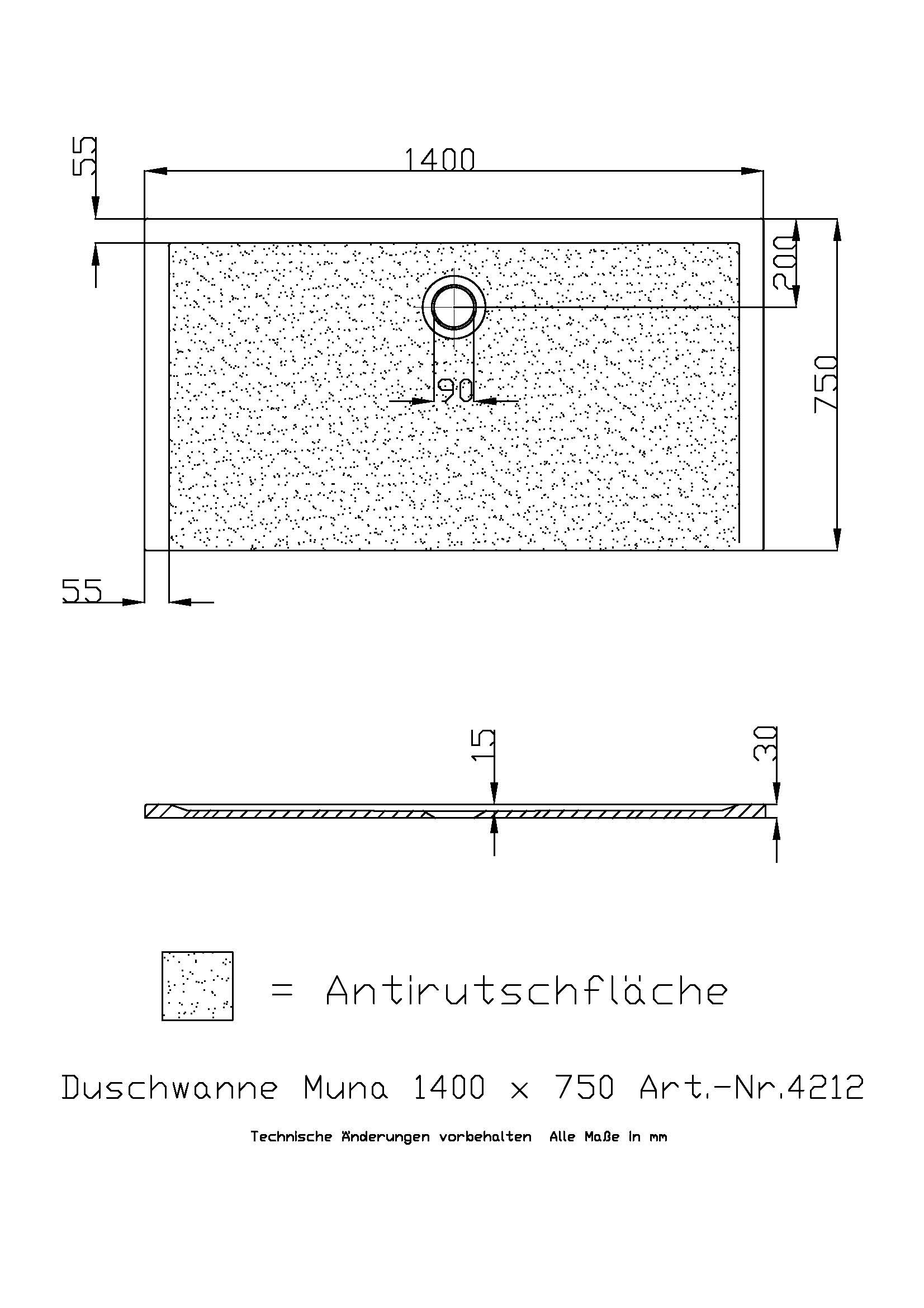 Hoesch Duschwanne Muna 1400x750x30 mit Antirutsch, Material Solique, weiß
