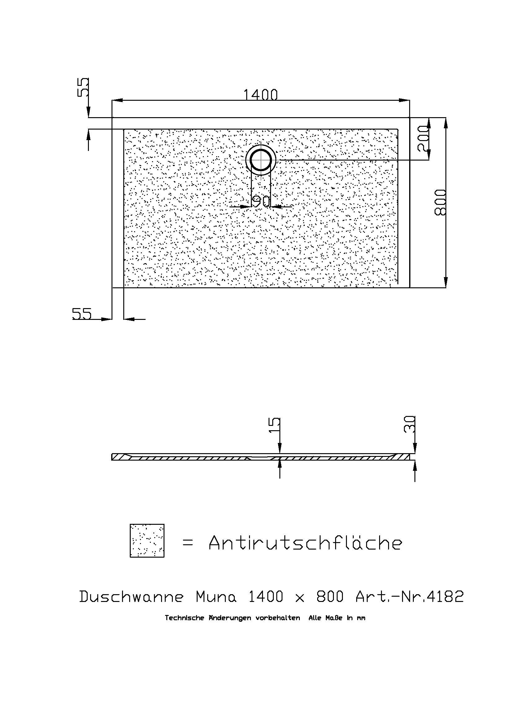 Hoesch Duschwanne Muna 1400x800x30 mit Antirutsch, Material Solique, weiß
