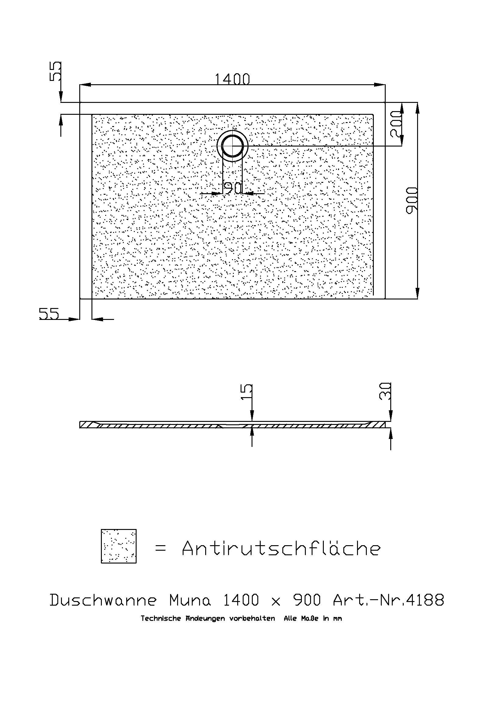 Hoesch Duschwanne Muna 1400x900x30 mit Antirutsch, Material Solique, weiß