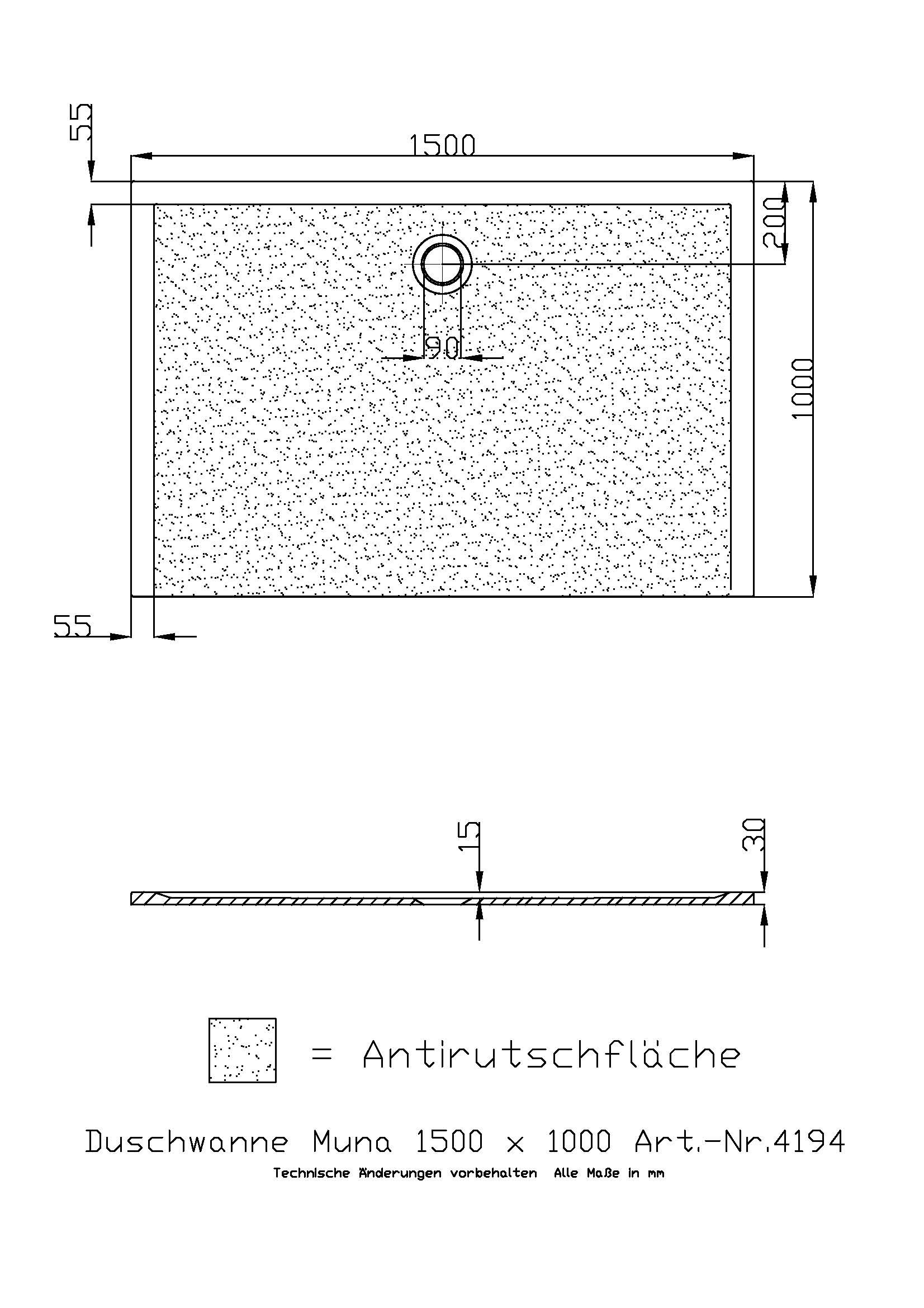 Hoesch Duschwanne Muna 1500x1000x30 mit Antirutsch, Material Solique, weiß