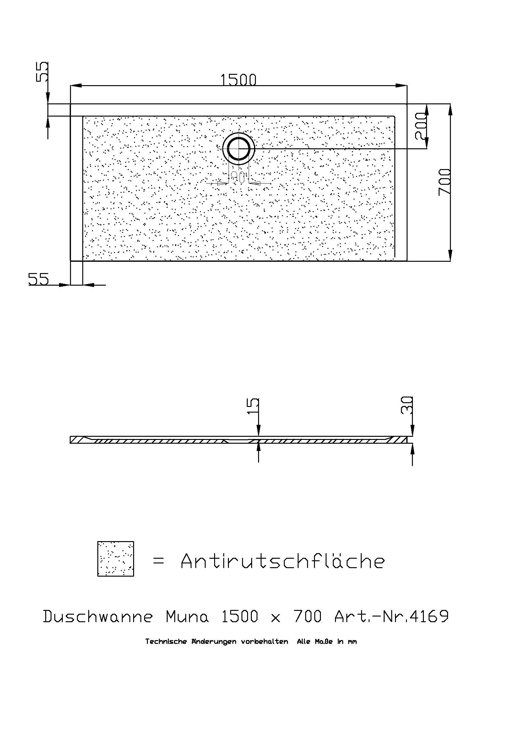 Hoesch Duschwanne Muna 1500x700x30 mit Antirutsch, Material Solique, weiß
