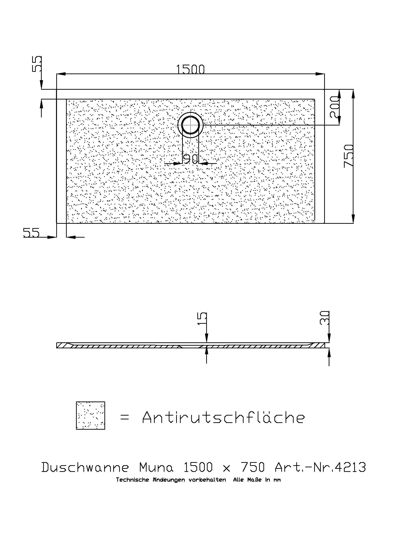 Hoesch Duschwanne Muna 1500x750x30 mit Antirutsch, Material Solique, weiß