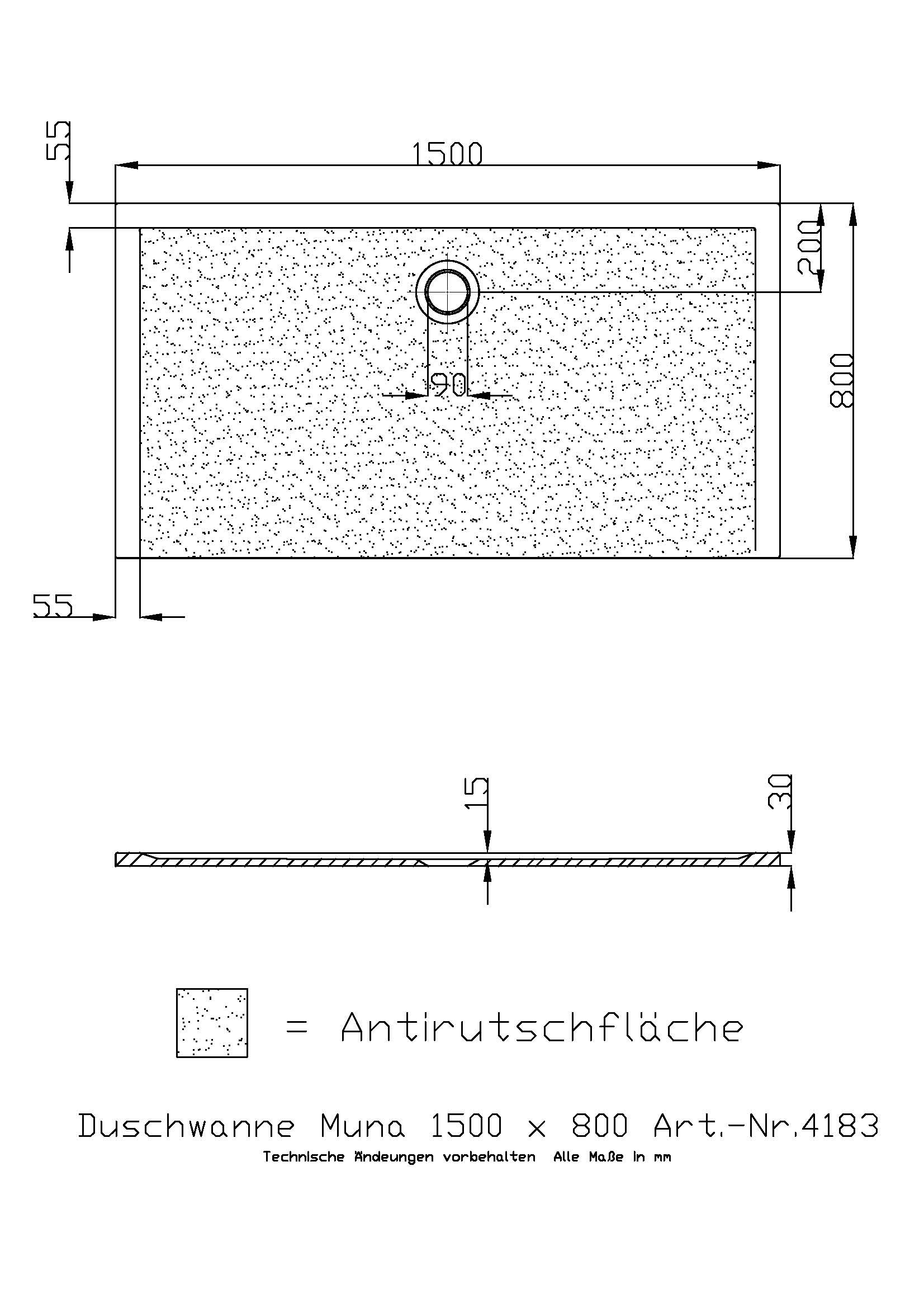 Hoesch Duschwanne Muna 1500x800x30 mit Antirutsch, Material Solique, weiß