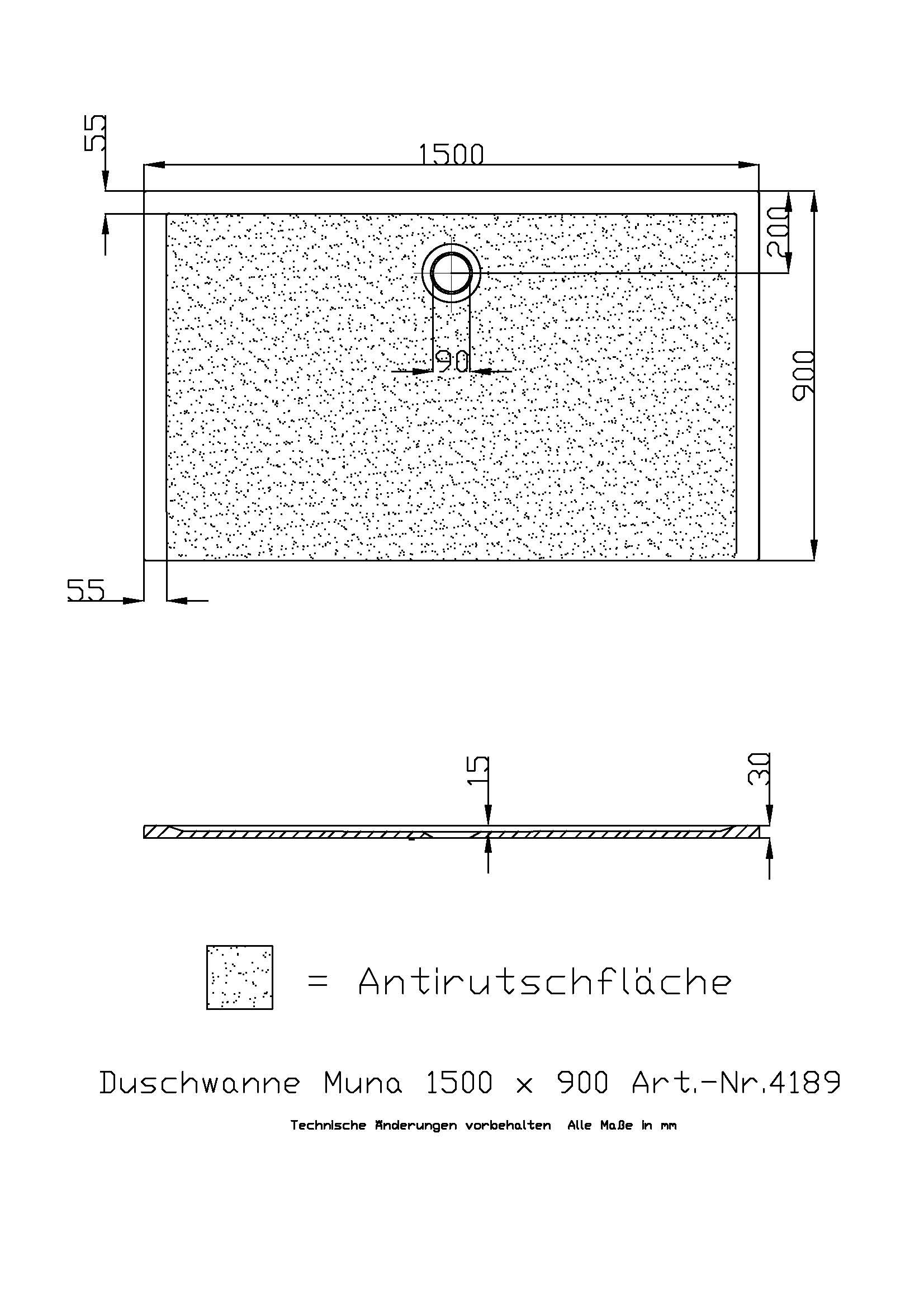 Hoesch Duschwanne Muna 1500x900x30 mit Antirutsch, Material Solique, weiß