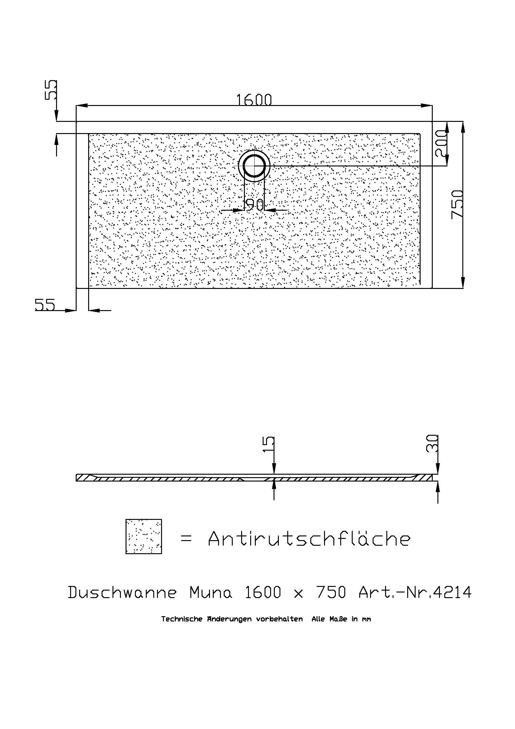 Hoesch Duschwanne Muna 1600x750x30 mit Antirutsch, Material Solique, weiß