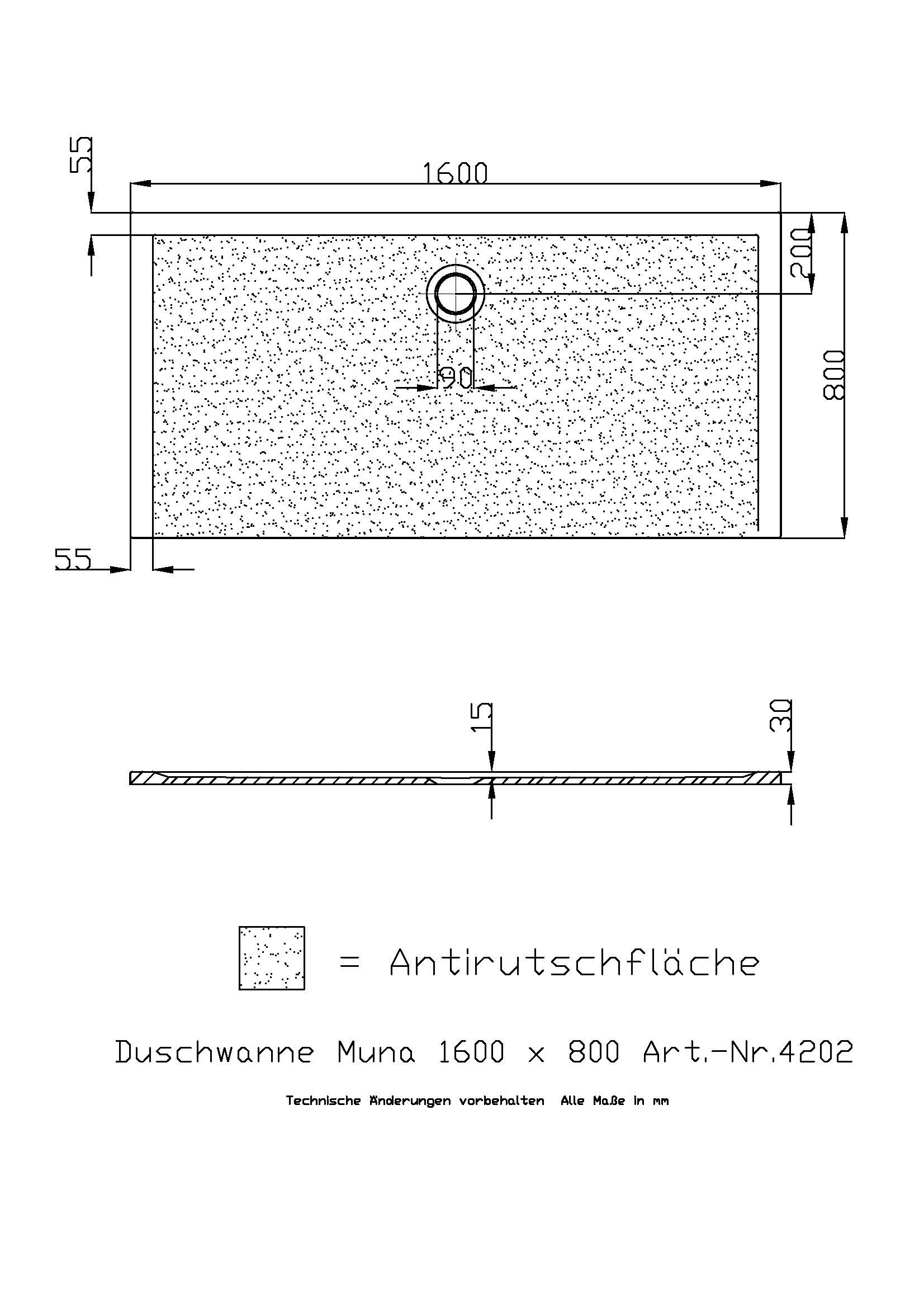 Hoesch Duschwanne Muna 1600x800x30 mit Antirutsch, Material Solique, weiß