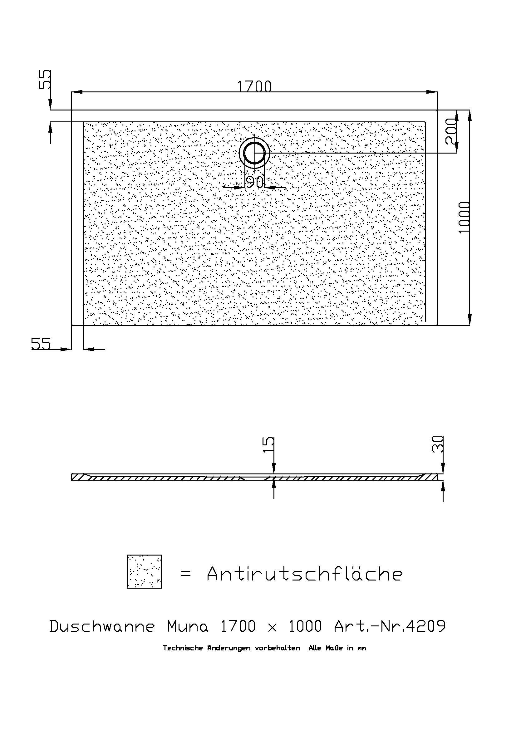 Hoesch Duschwanne Muna 1700x1000x30 mit Antirutsch, Material Solique, weiß
