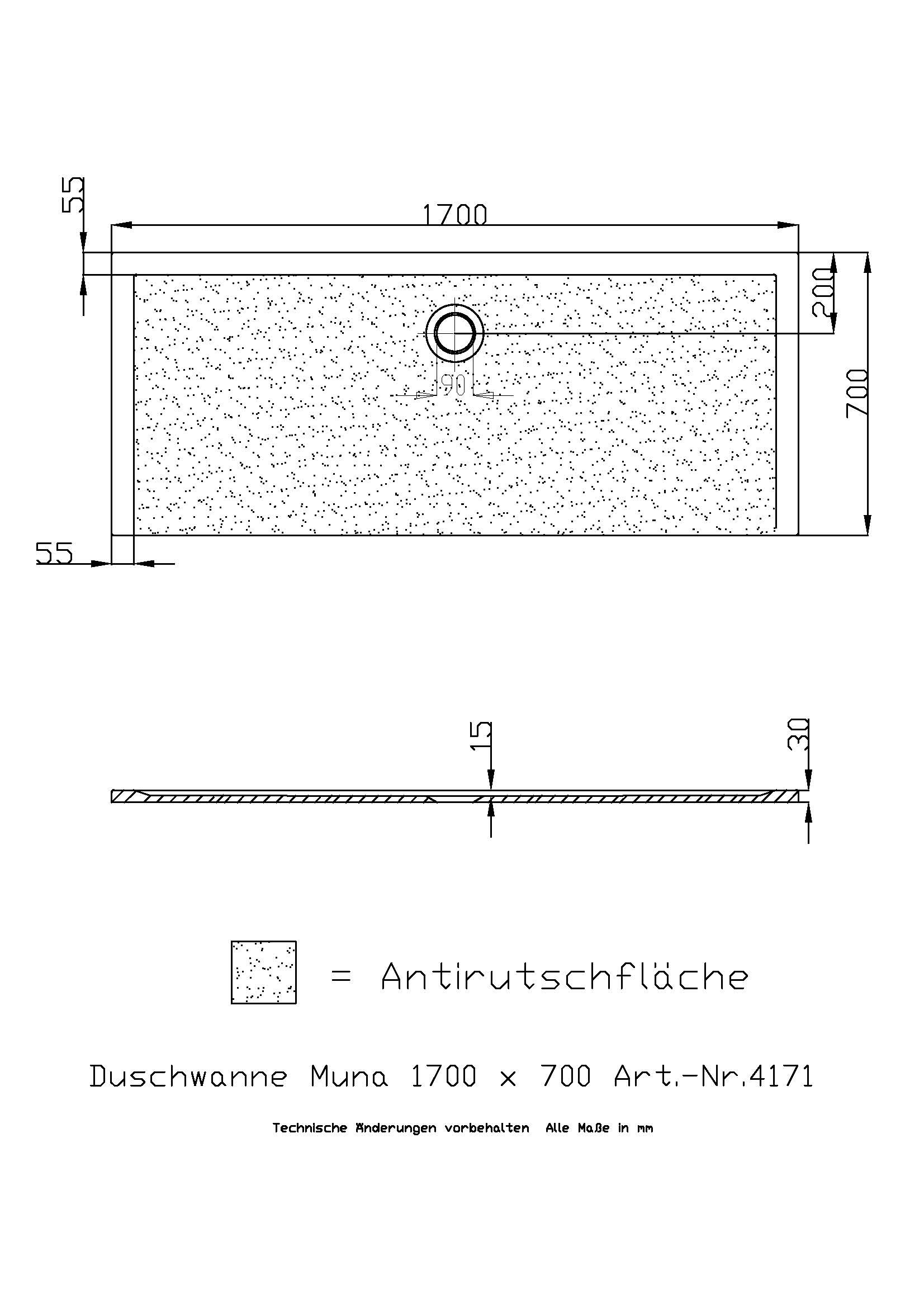 Hoesch Duschwanne Muna 1700x700x30 mit Antirutsch, Material Solique, weiß