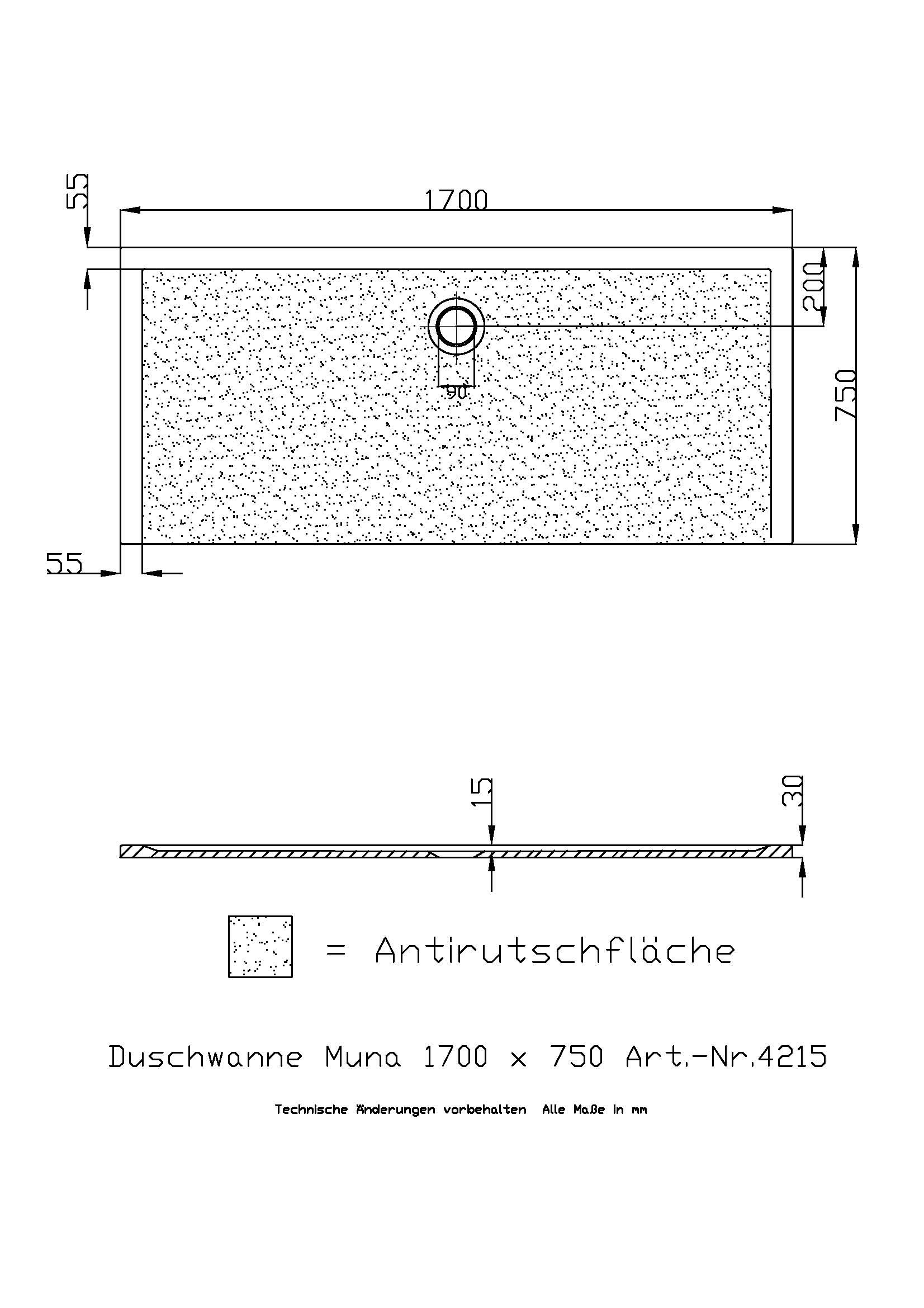 Hoesch Duschwanne Muna 1700x750x30 mit Antirutsch, Material Solique, weiß