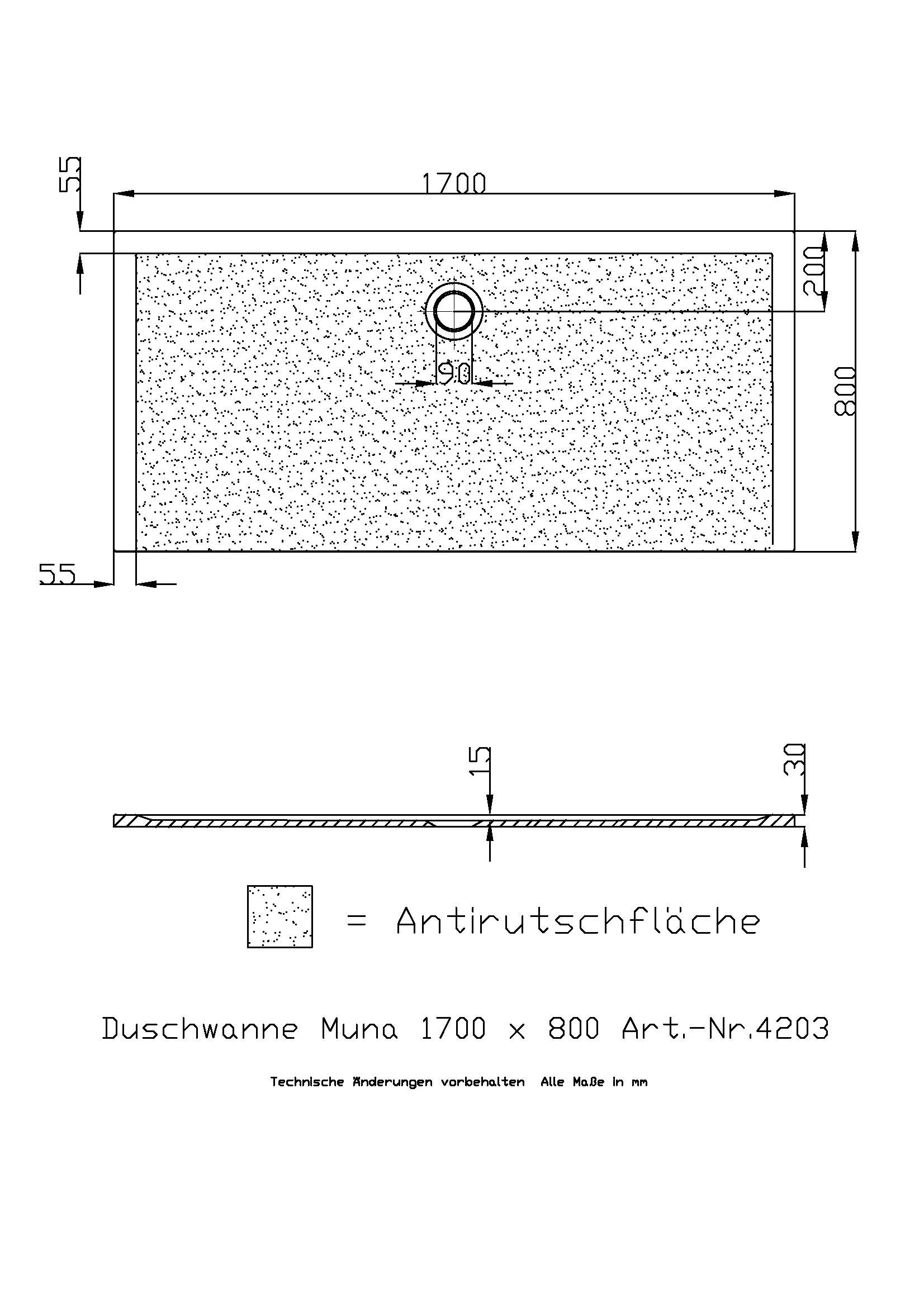 Hoesch Duschwanne Muna 1700x800x30 mit Antirutsch, Material Solique, weiß