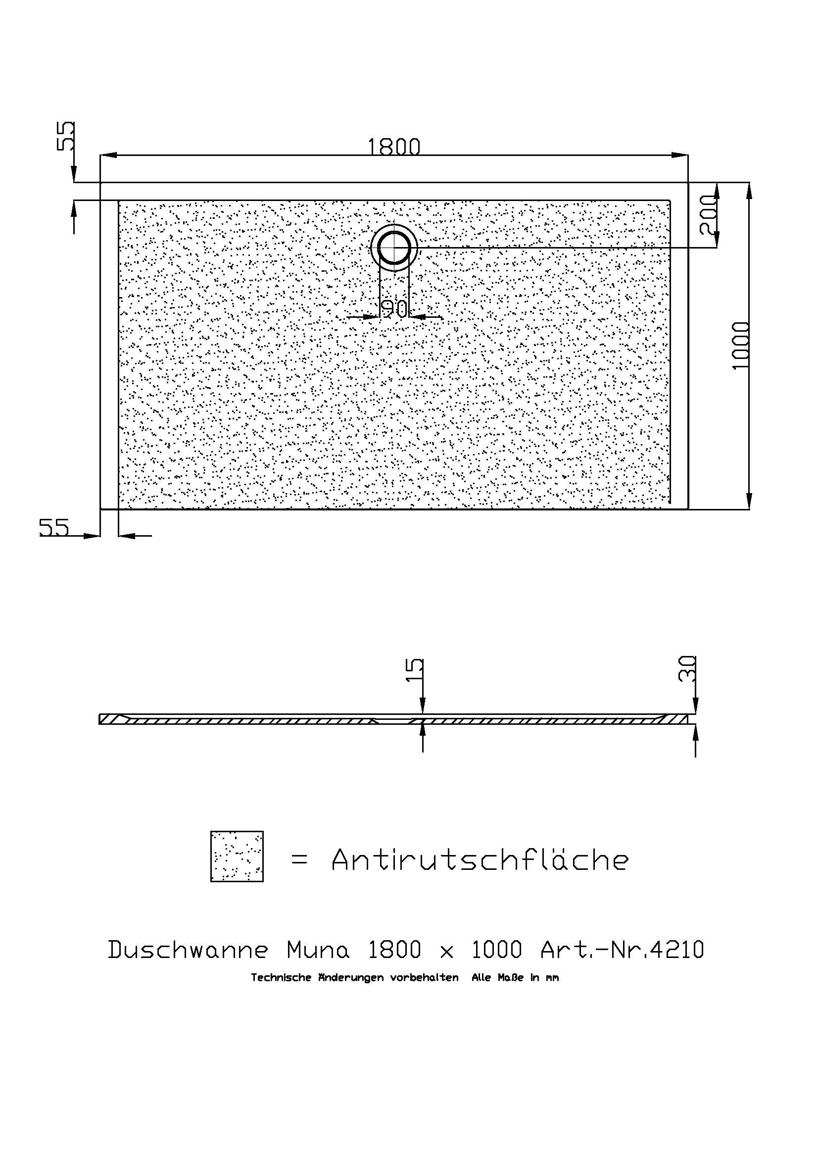 Hoesch Duschwanne Muna 1800x1000x30 mit Antirutsch, Material Solique, weiß