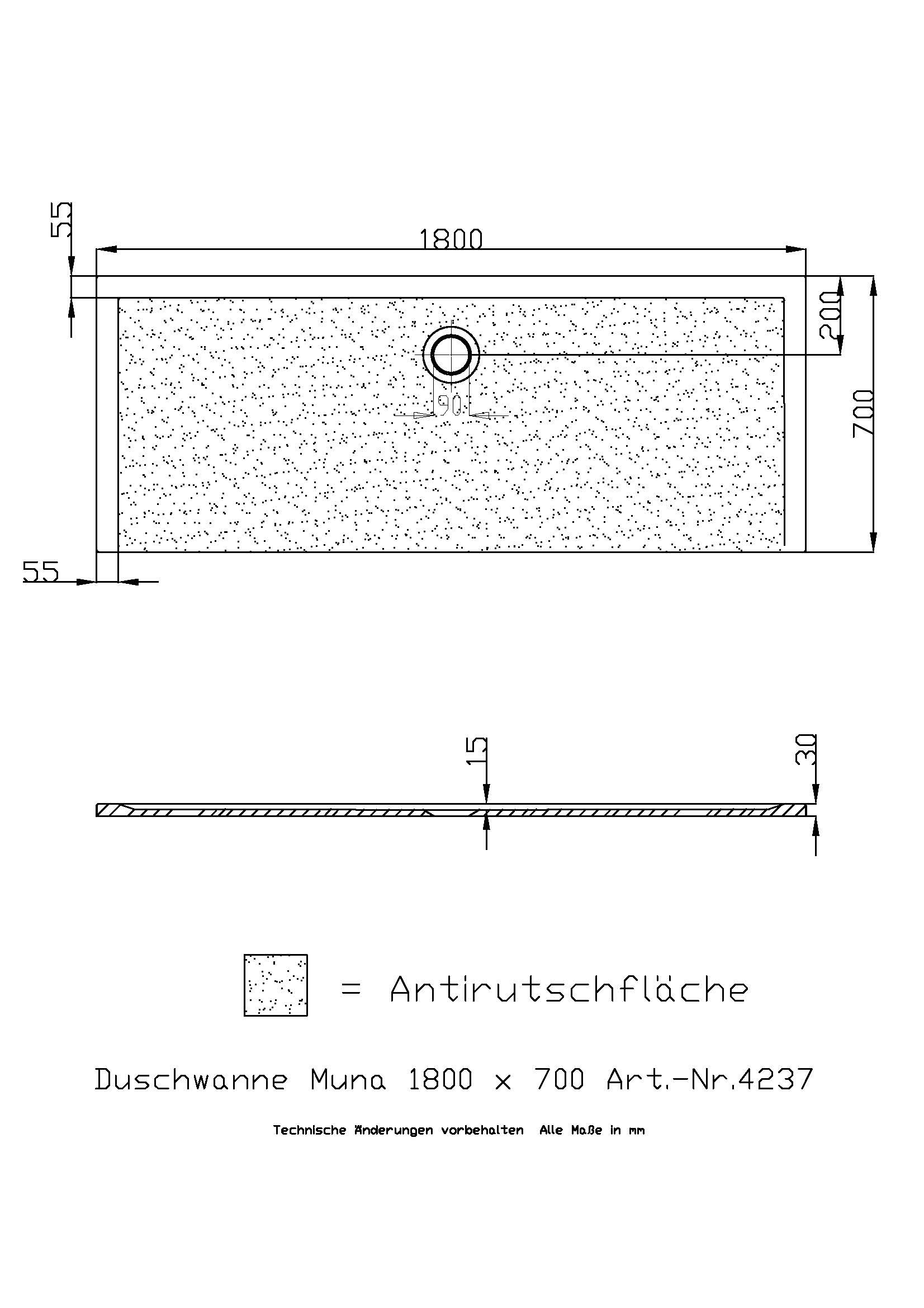 Hoesch Duschwanne Muna 1800x700x30 mit Antirutsch, Material Solique, weiß