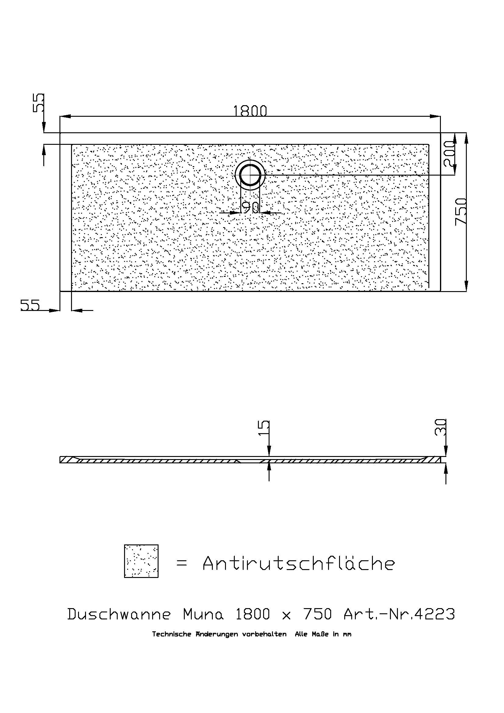 Hoesch Duschwanne Muna 1800x750x30 mit Antirutsch, Material Solique, weiß