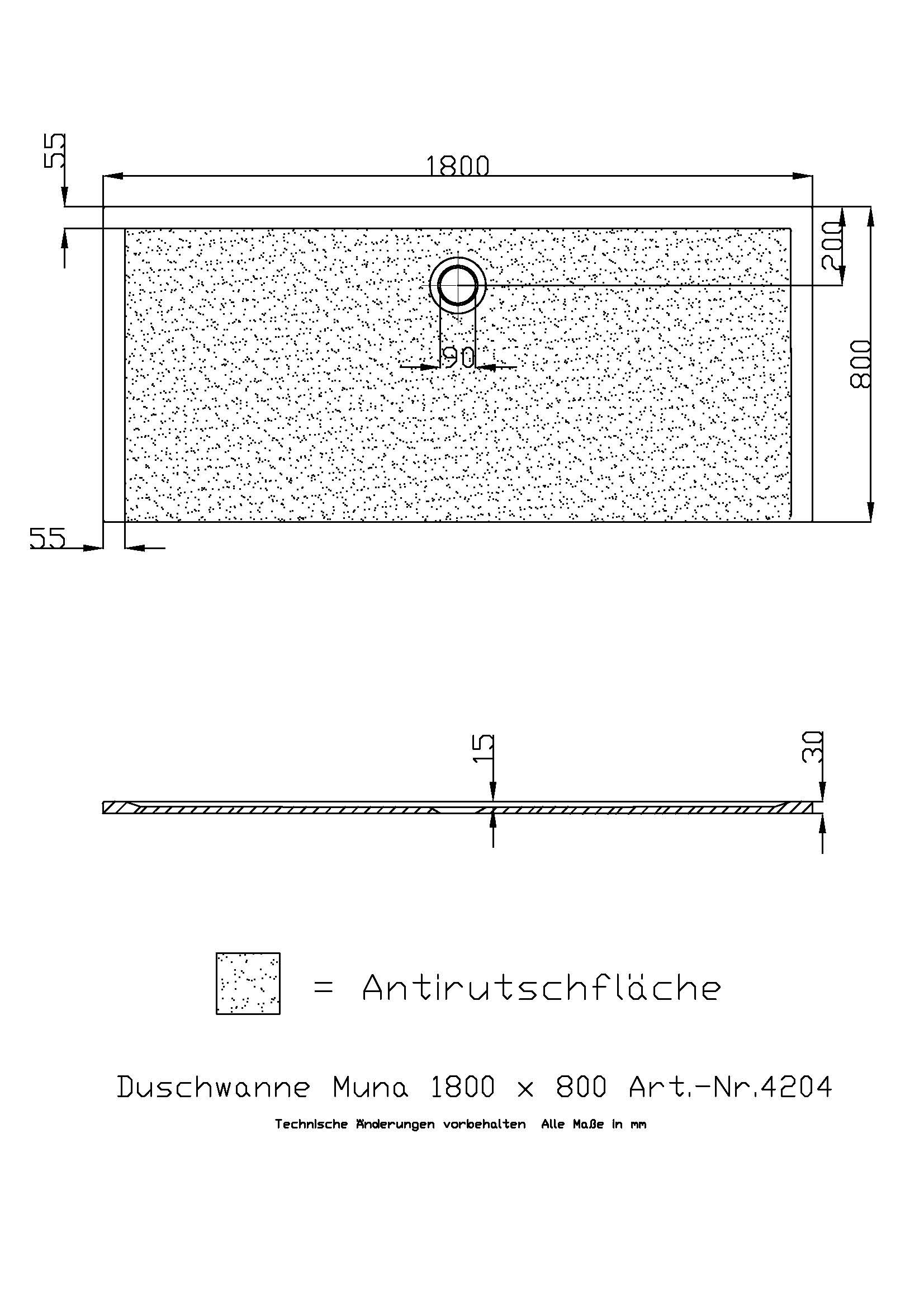 Hoesch Duschwanne Muna 1800x800x30 mit Antirutsch, Material Solique, weiß