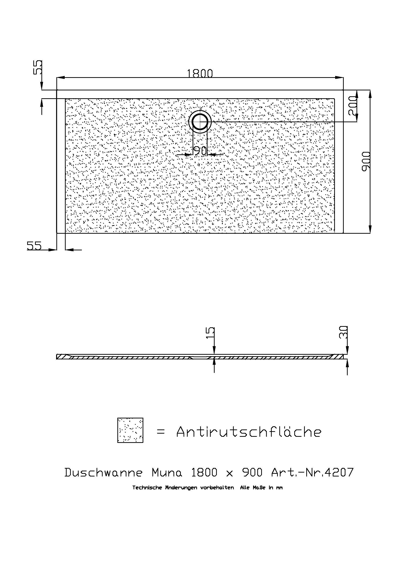Hoesch Duschwanne Muna 1800x900x30 mit Antirutsch, Material Solique, weiß