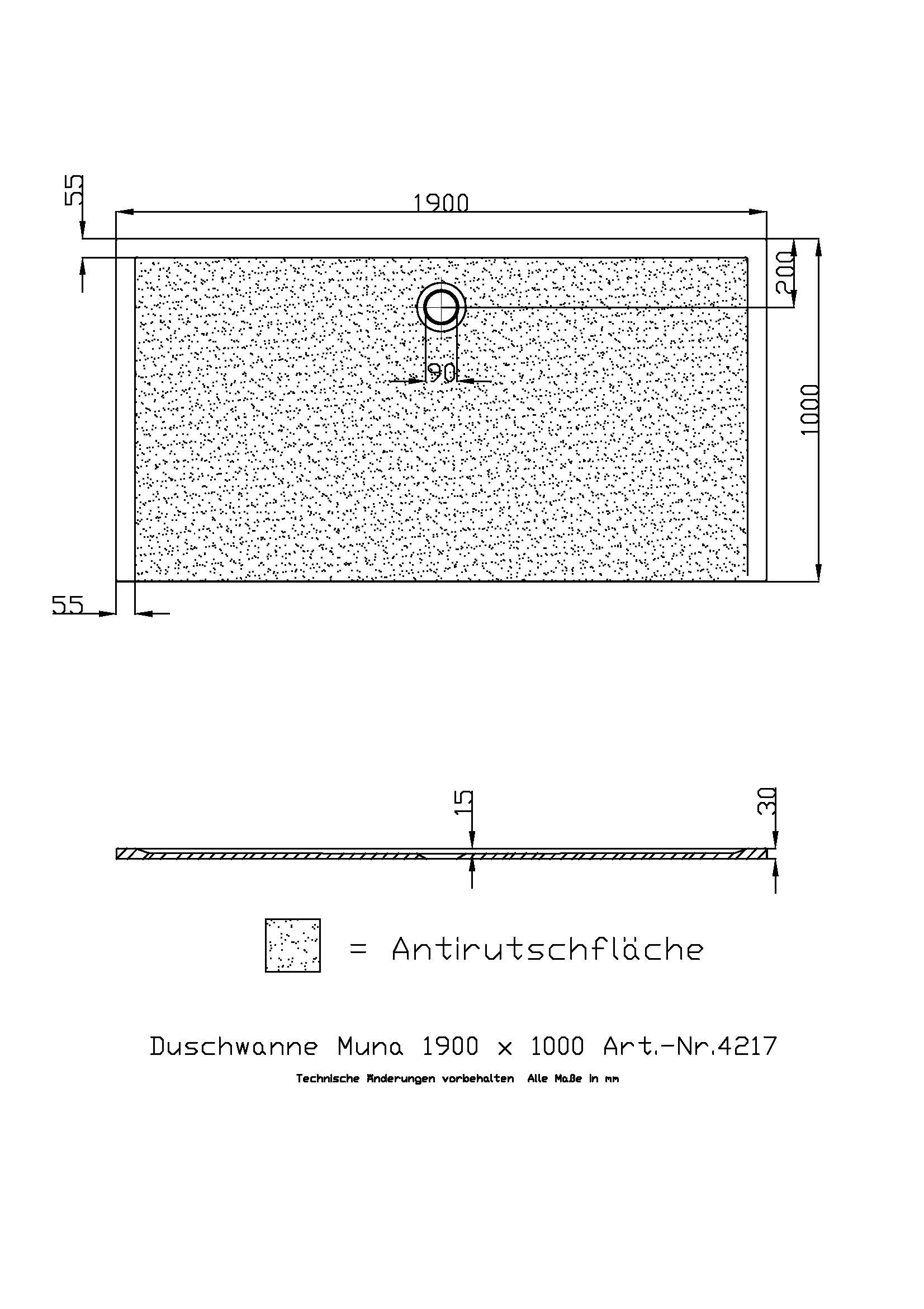 Hoesch Duschwanne Muna 1900x1000x30 mit Antirutsch, Material Solique, weiß