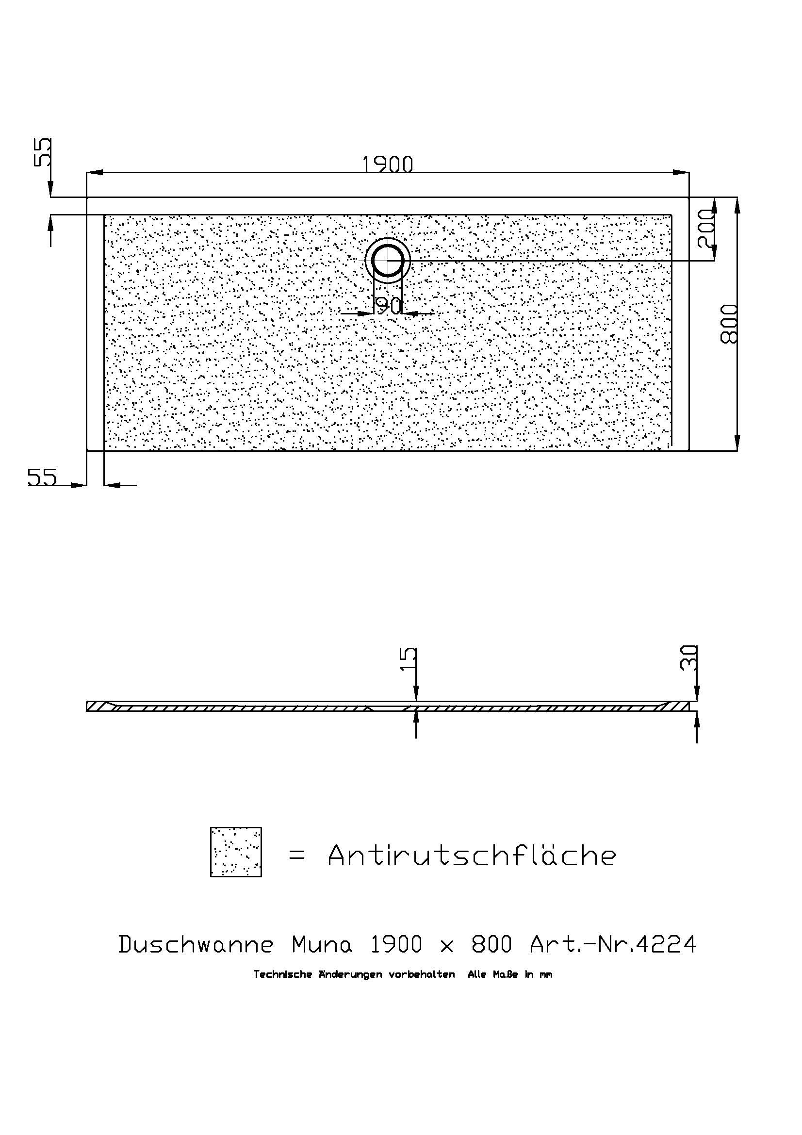 Hoesch Duschwanne Muna 1900x800x30 mit Antirutsch, Material Solique, weiß
