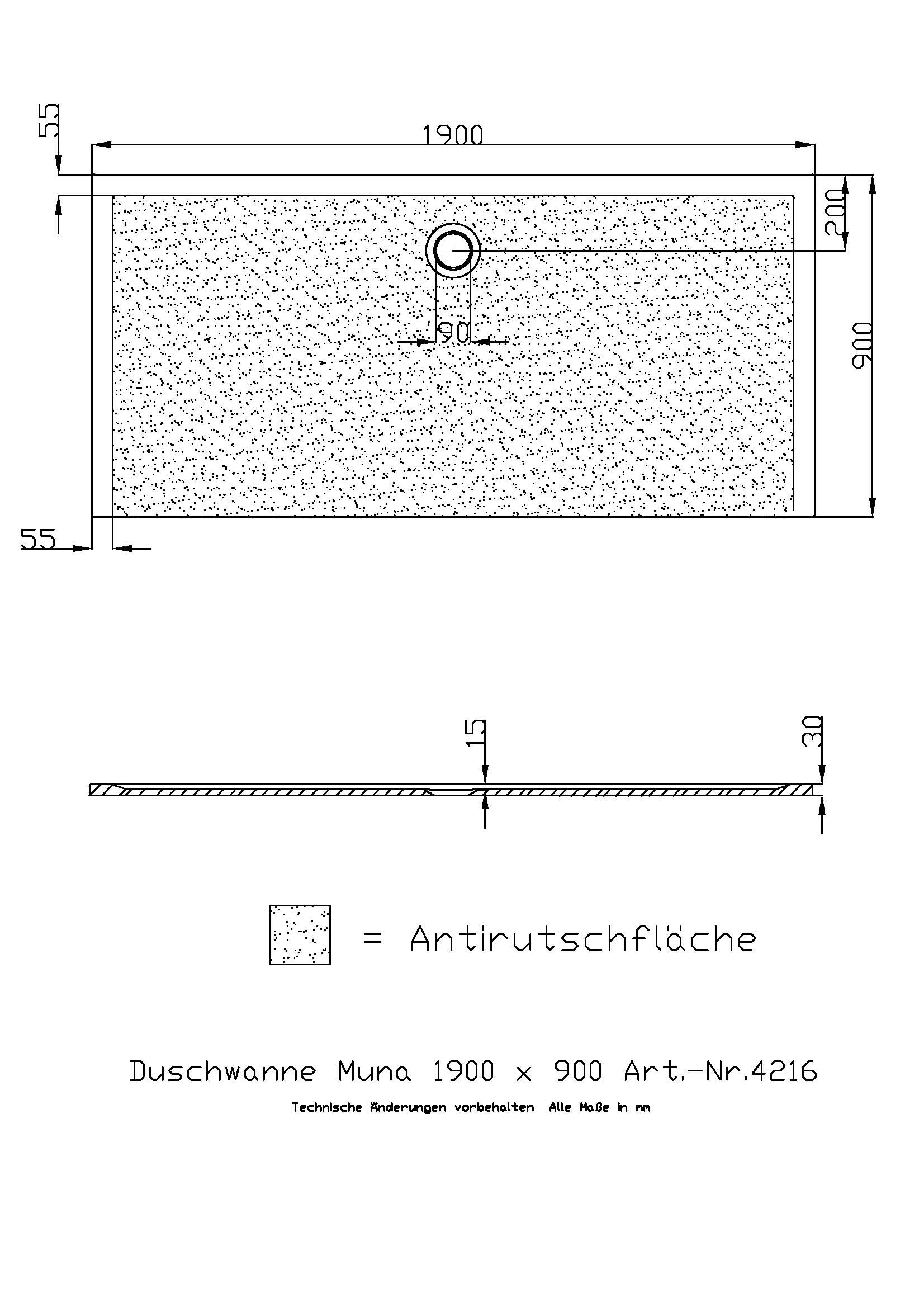 Hoesch Duschwanne Muna 1900x900x30 mit Antirutsch, Material Solique, weiß