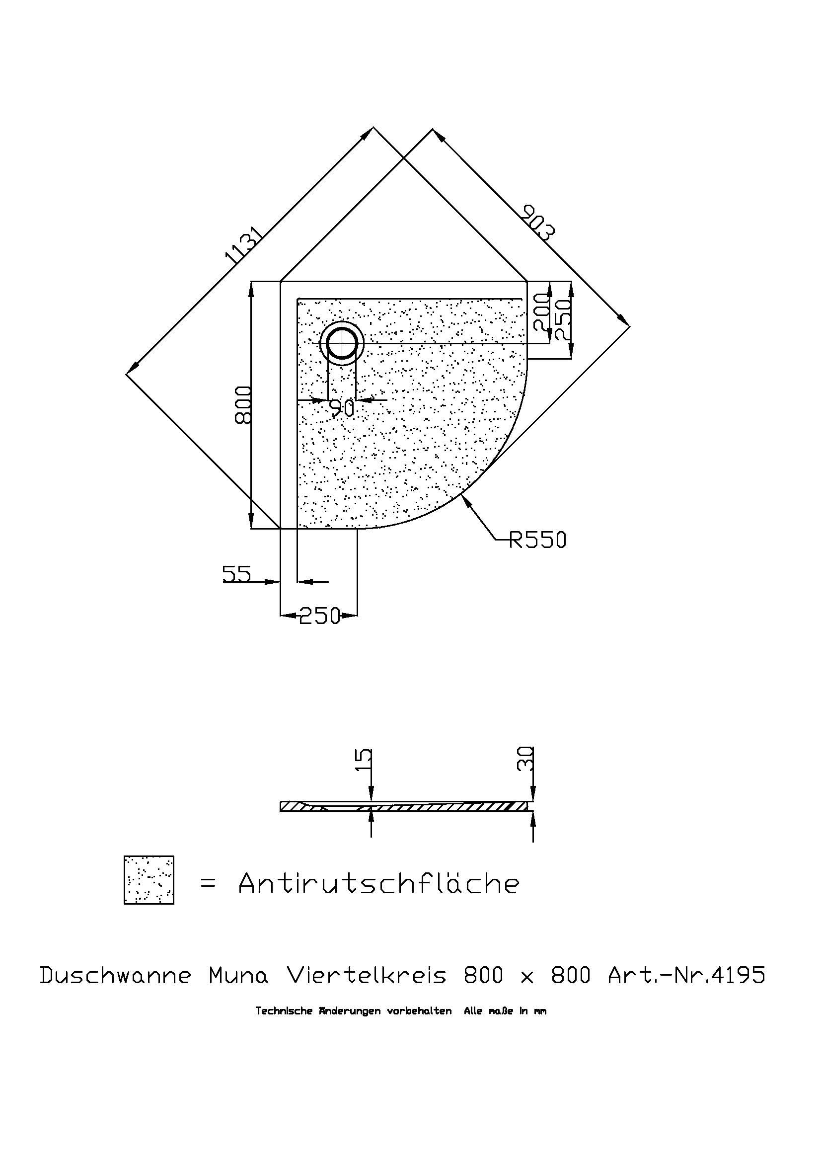 Hoesch Duschwanne Muna 1/4-Kreis 800x800x30 mit Antirutsch, Material Solique, weiß