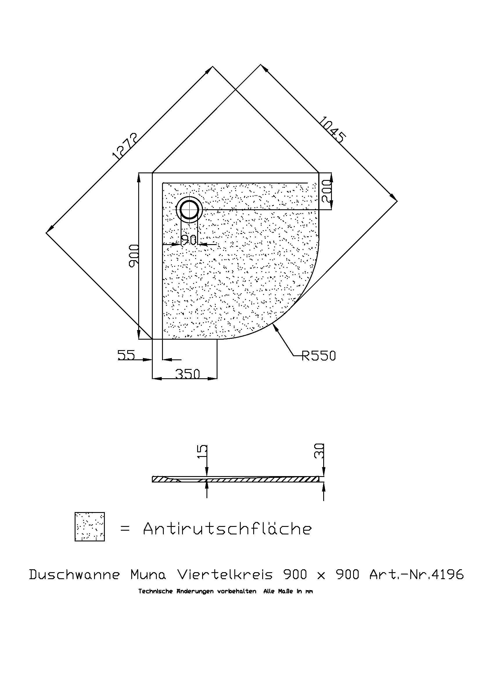 Hoesch Duschwanne Muna 1/4-Kreis 900x900x30 mit Antirutsch, Material Solique, weiß