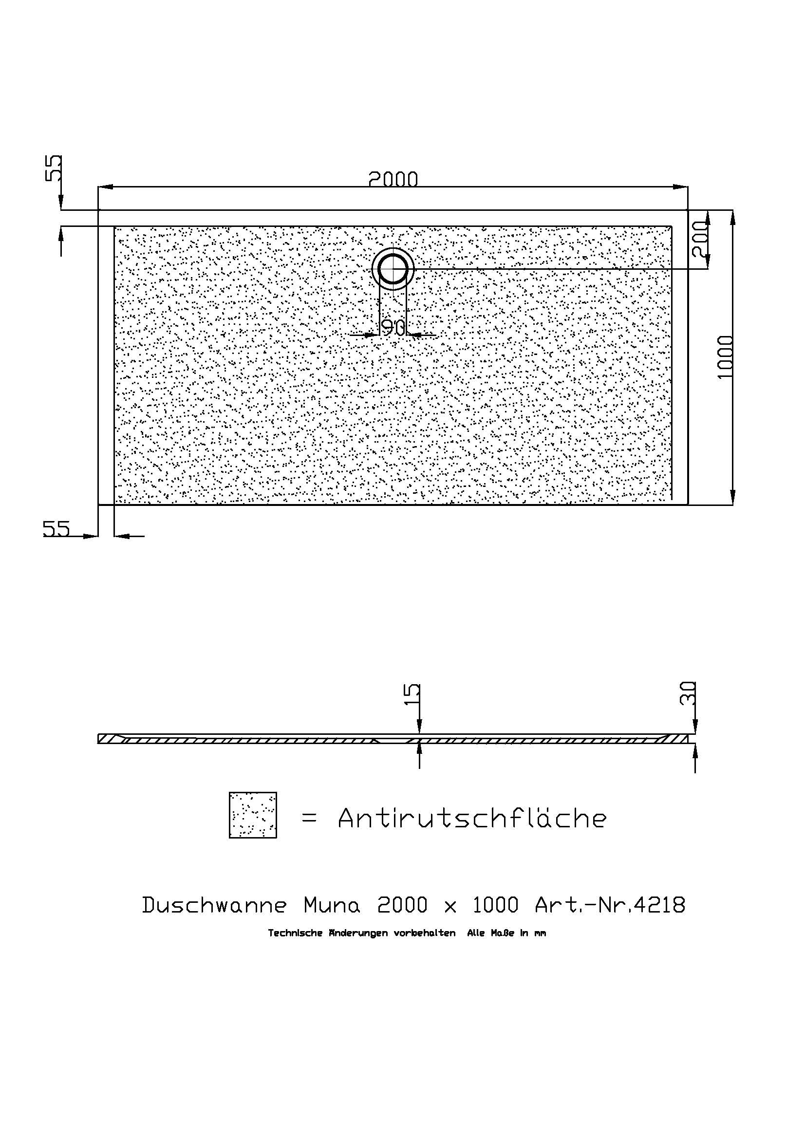 Hoesch Duschwanne Muna 2000x1000x30 mit Antirutsch, Material Solique, weiß