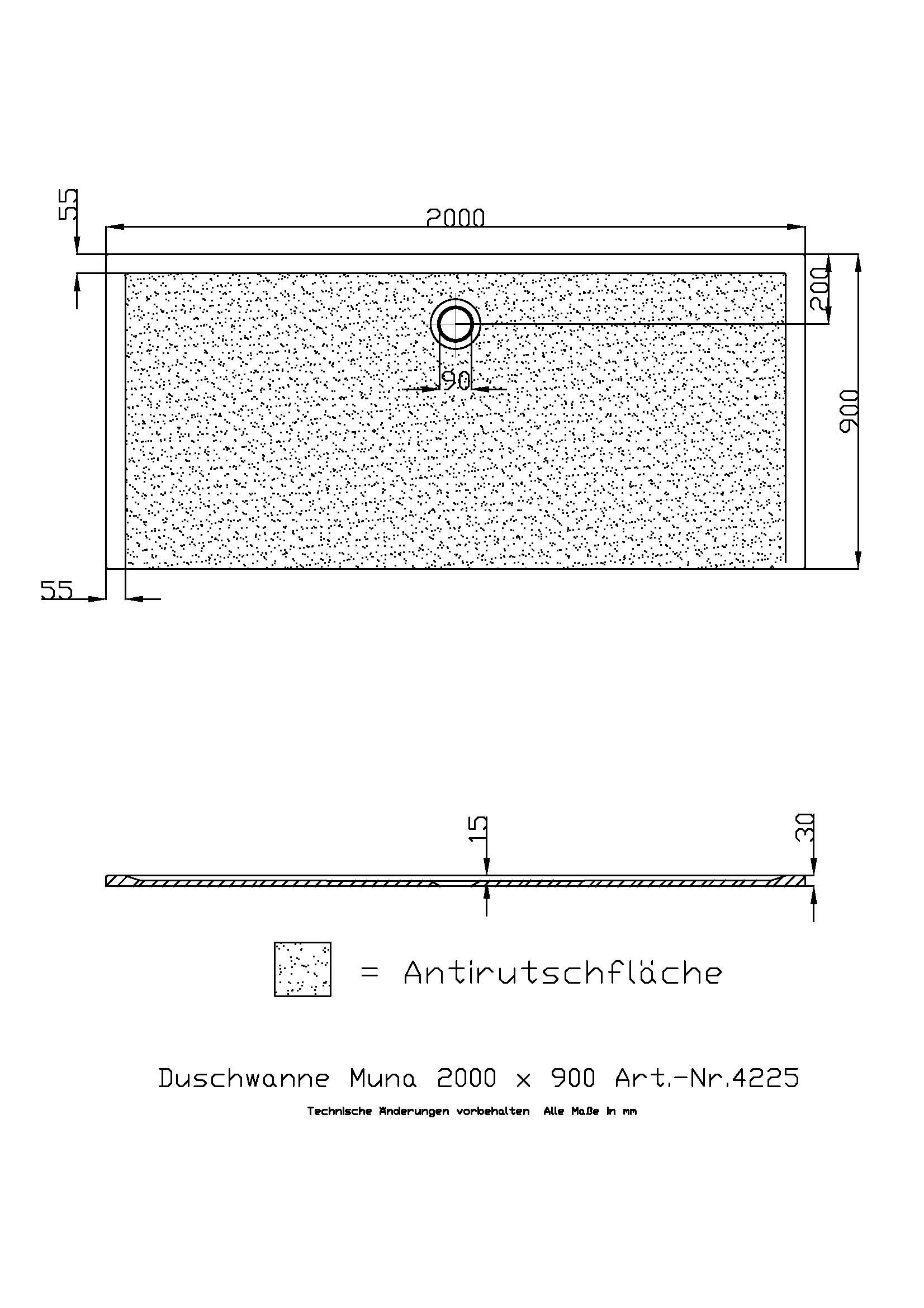 Hoesch Duschwanne Muna 2000x900x30 mit Antirutsch, Material Solique, weiß