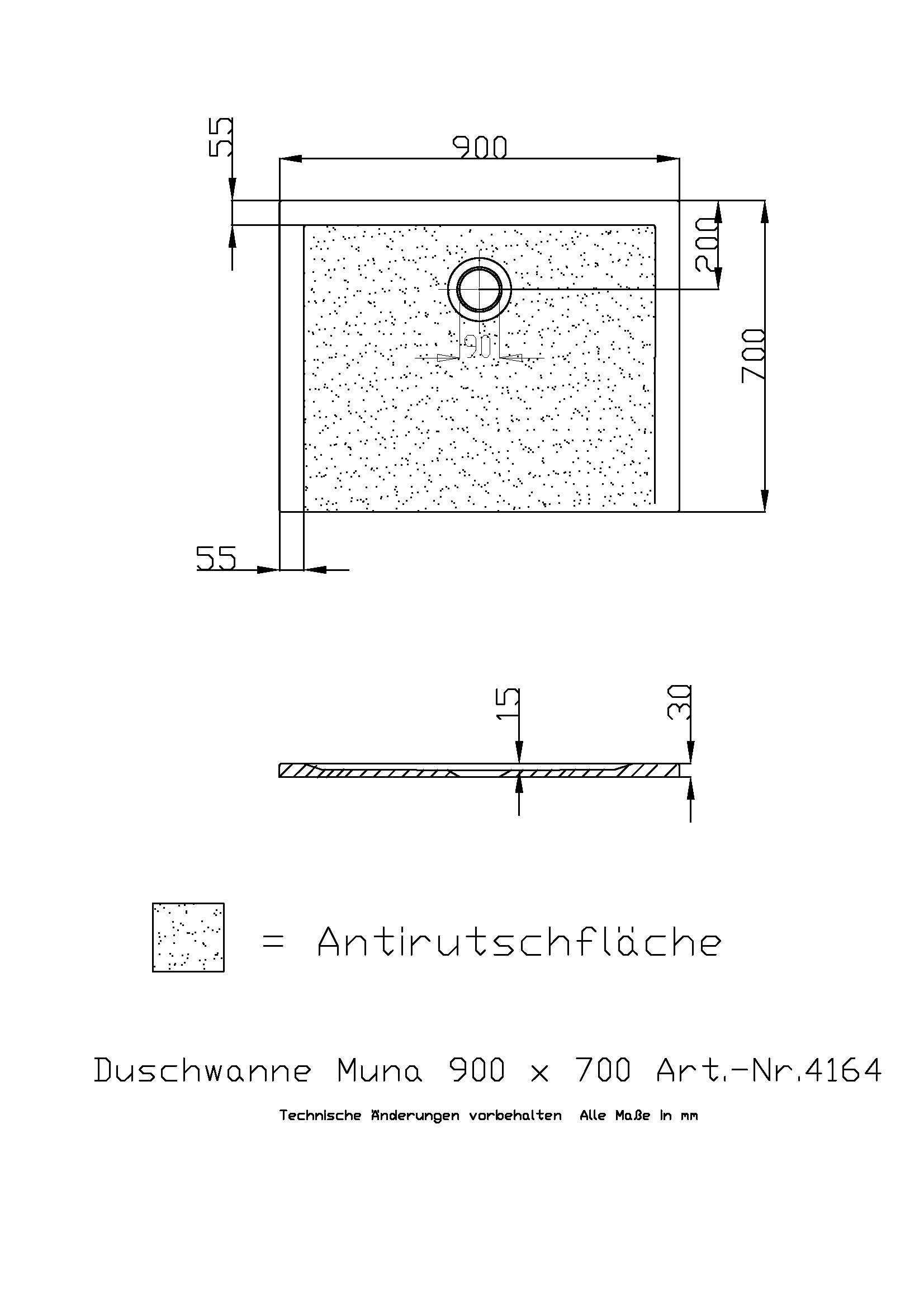 Hoesch Duschwanne Muna 900x700x30 mit Antirutsch, Material Solique, weiß