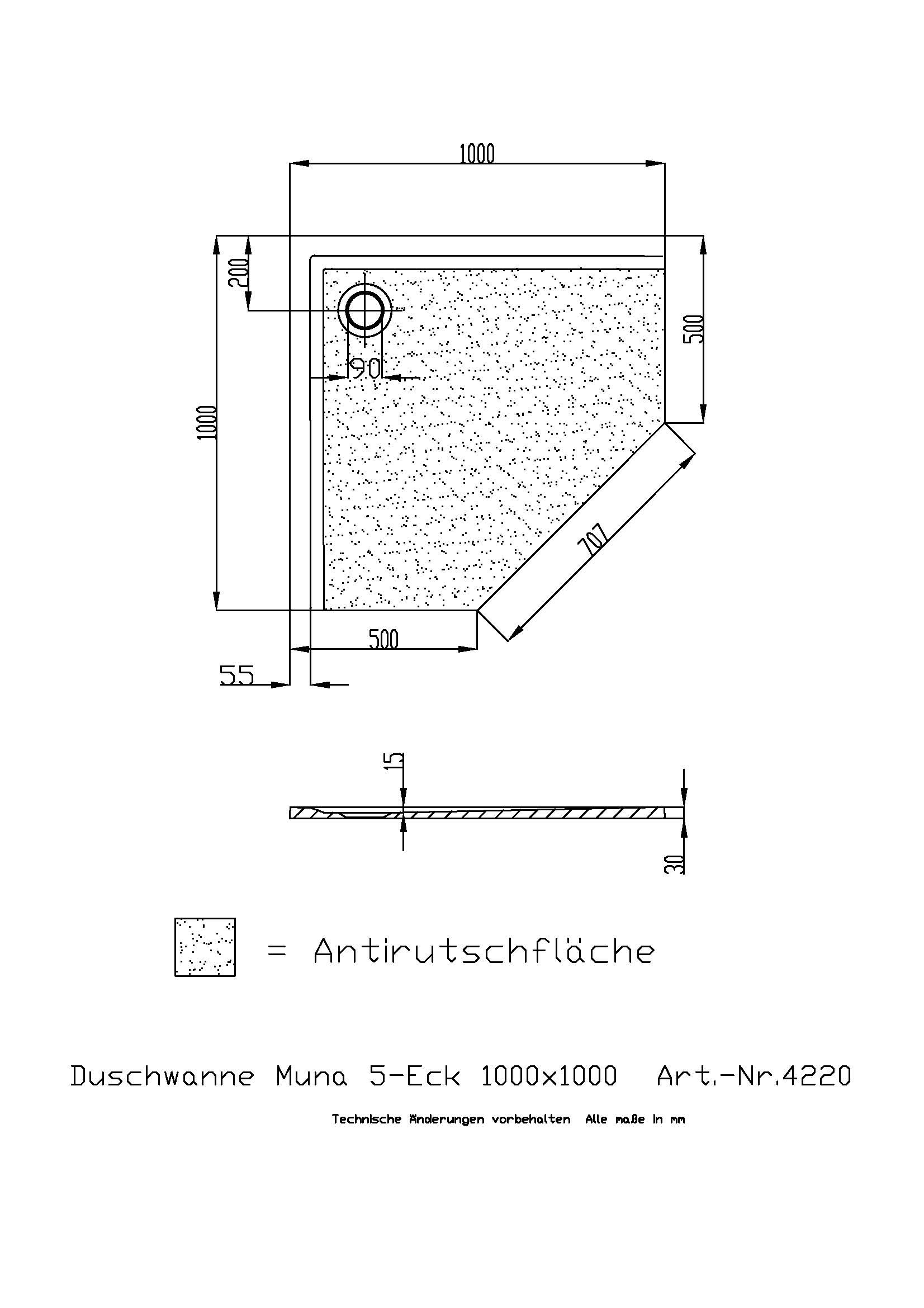 Hoesch Duschwanne Muna Fünfeck 1000x1000x30 mit Antirutsch, Material Solique, weiß