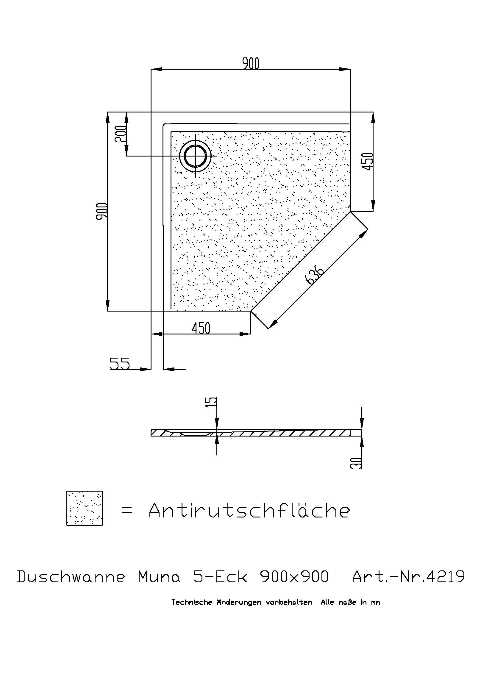 Hoesch Duschwanne Muna Fünfeck 900x900x30 mit Antirutsch, Material Solique, weiß
