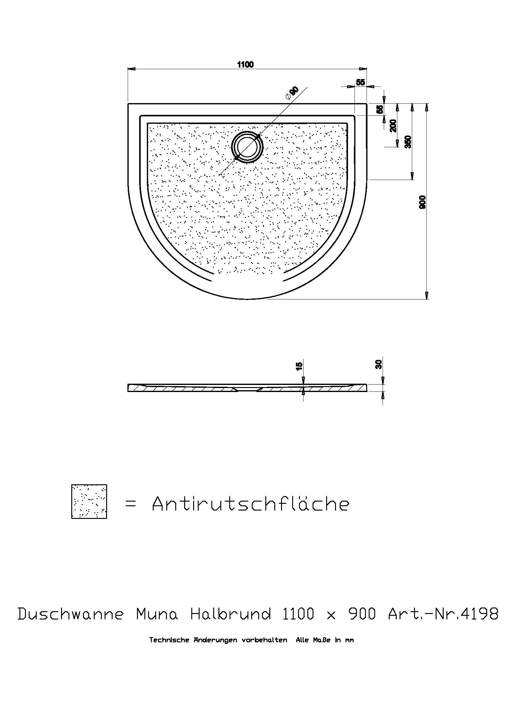 Hoesch Duschwanne Muna Halbrund 1100x900x30 mit Antirutsch, Material Solique, weiß