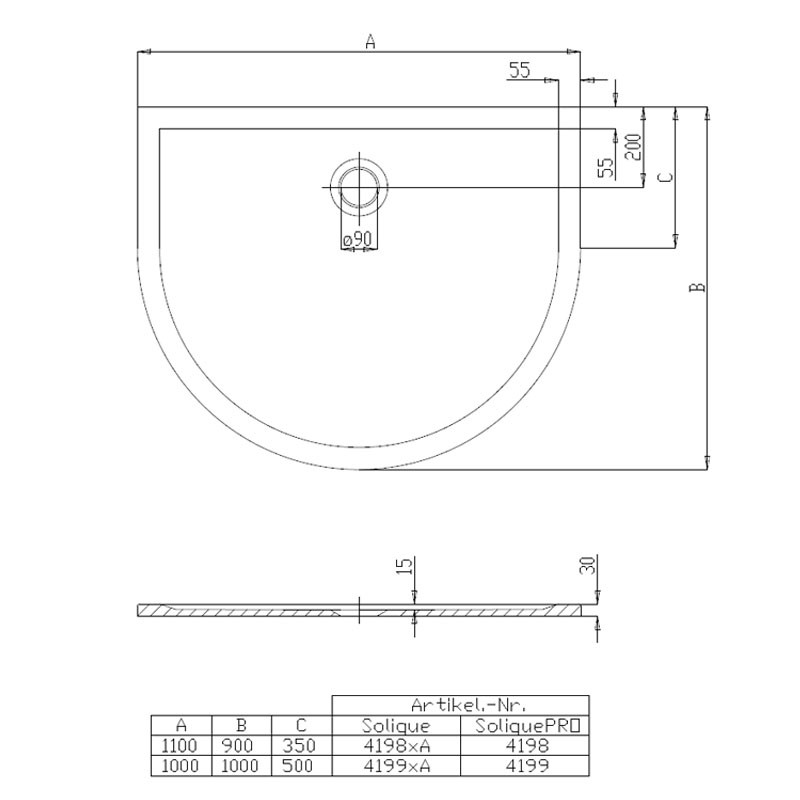 HOESCH Duschwanne Muna Halbrund 1100x900x30 ohne Antirutsch, Material Solique, weiß