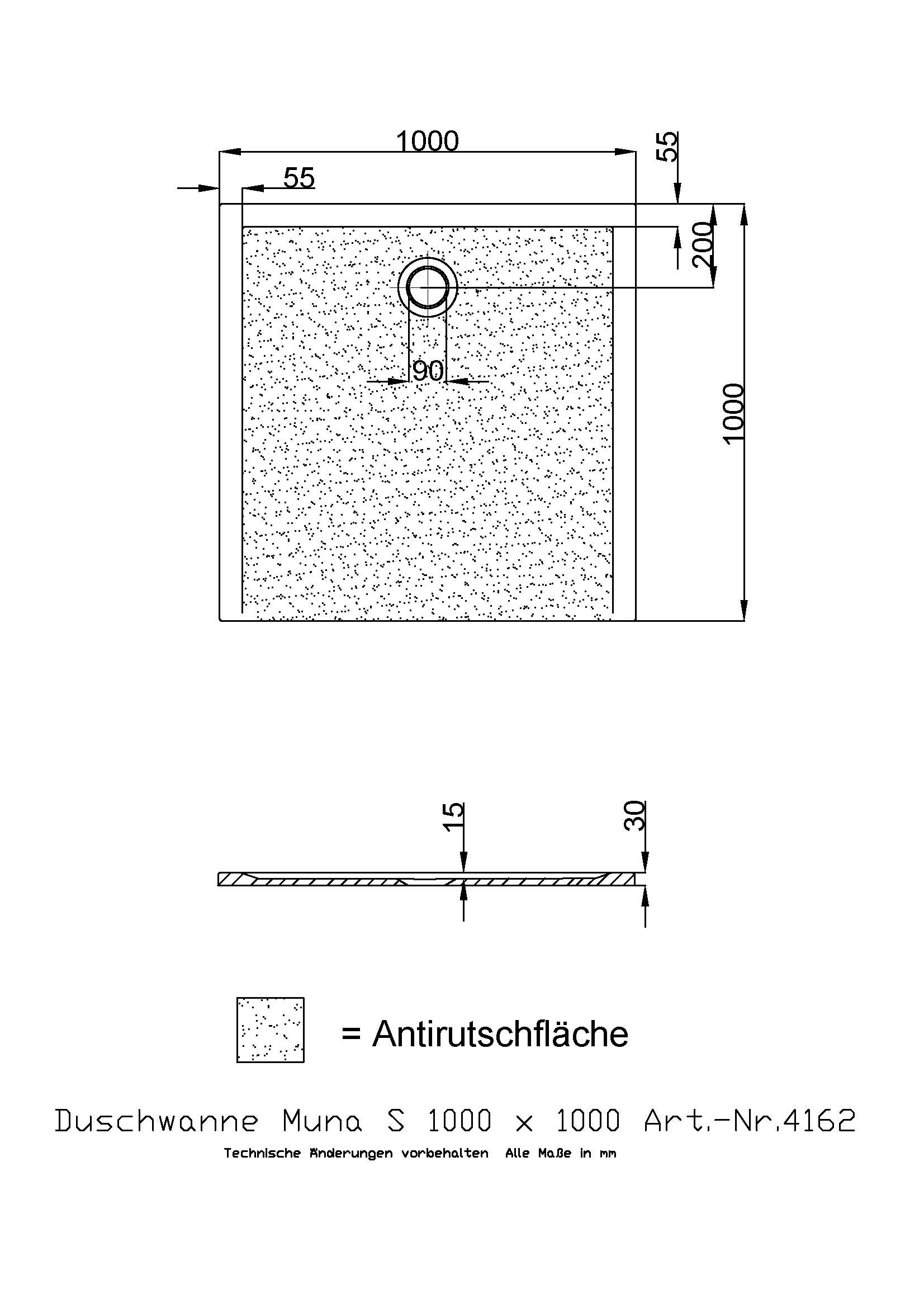 Hoesch Duschwanne Muna S 1000x1000x30 mit Antirutsch, Material Solique, weiß