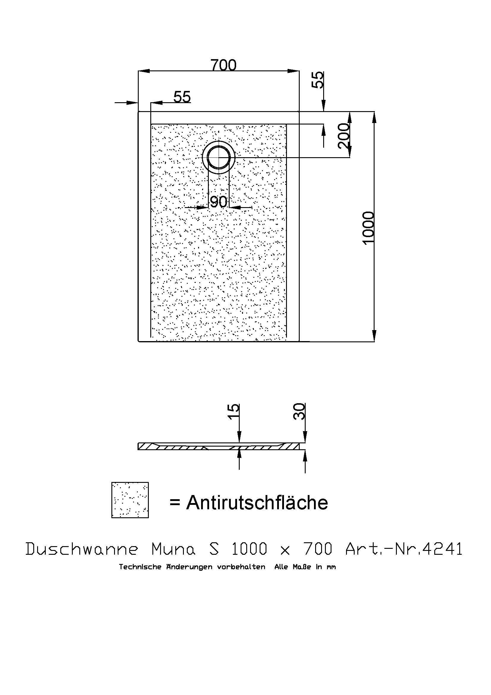 Hoesch Duschwanne Muna S 1000x700x30 mit Antirutsch, Material Solique, weiß