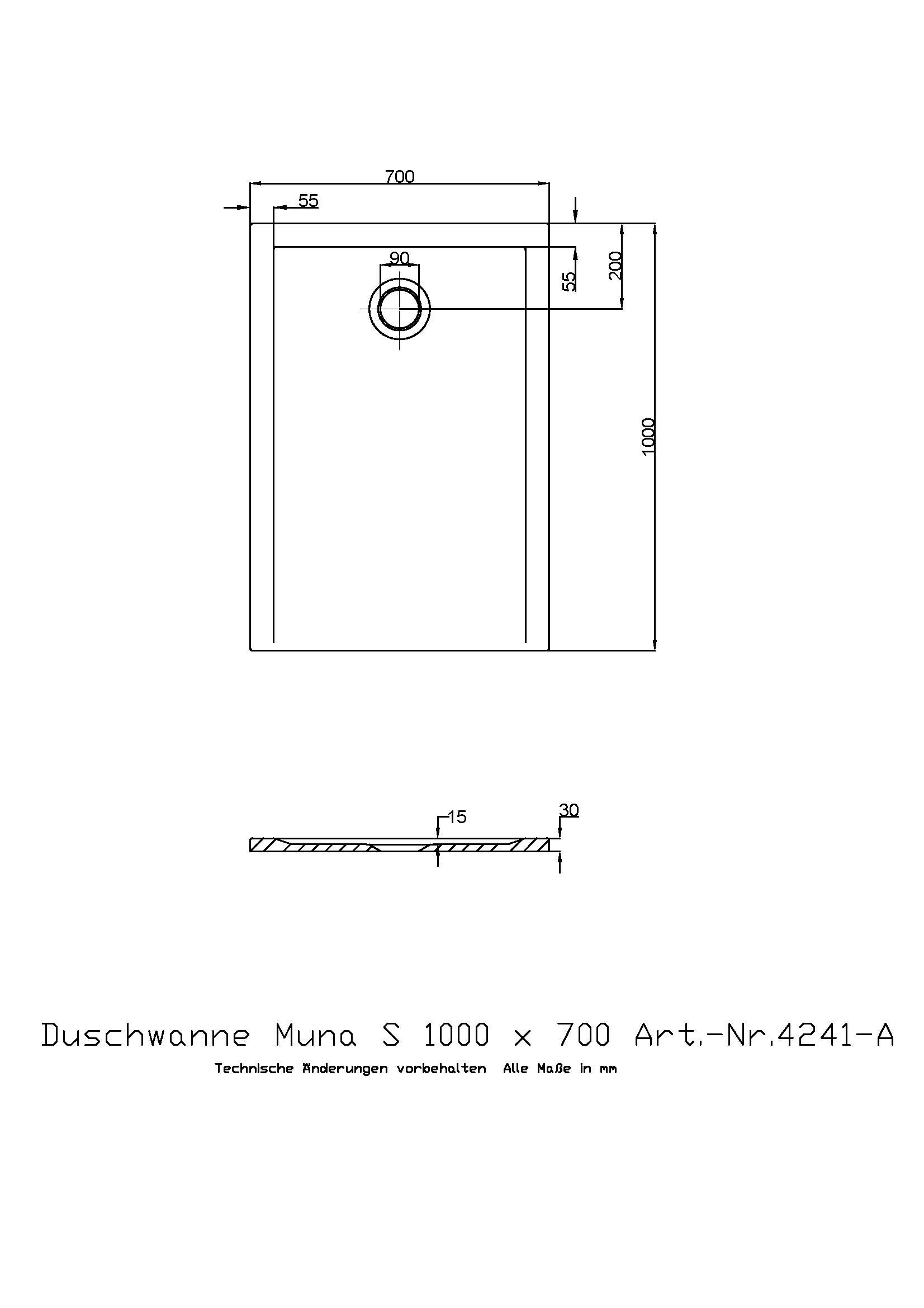 Hoesch Duschwanne Muna S 1000x700x30 ohne Antirutsch, Material Solique, weiß