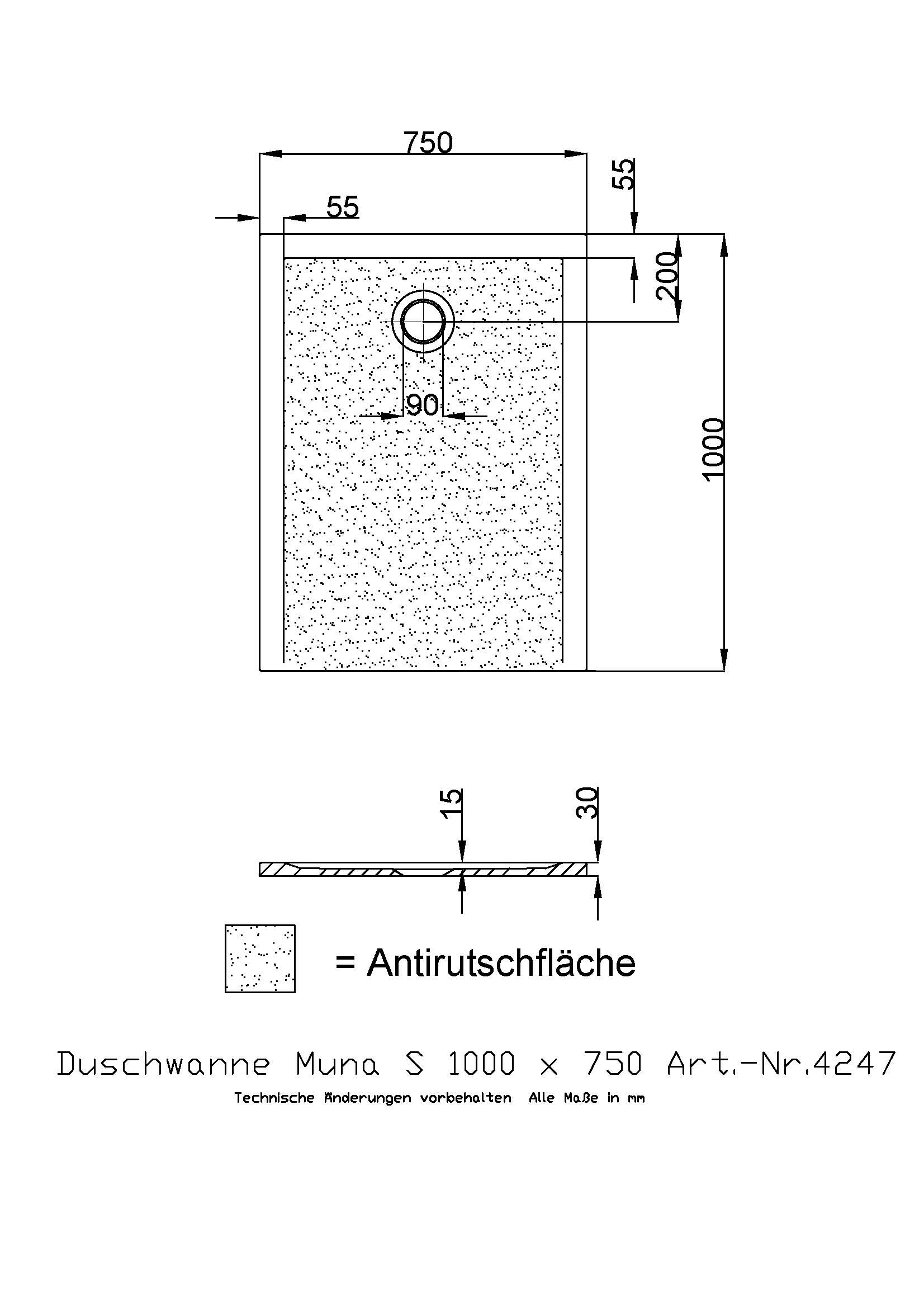 Hoesch Duschwanne Muna S 1000x750x30 mit Antirutsch, Material Solique, weiß