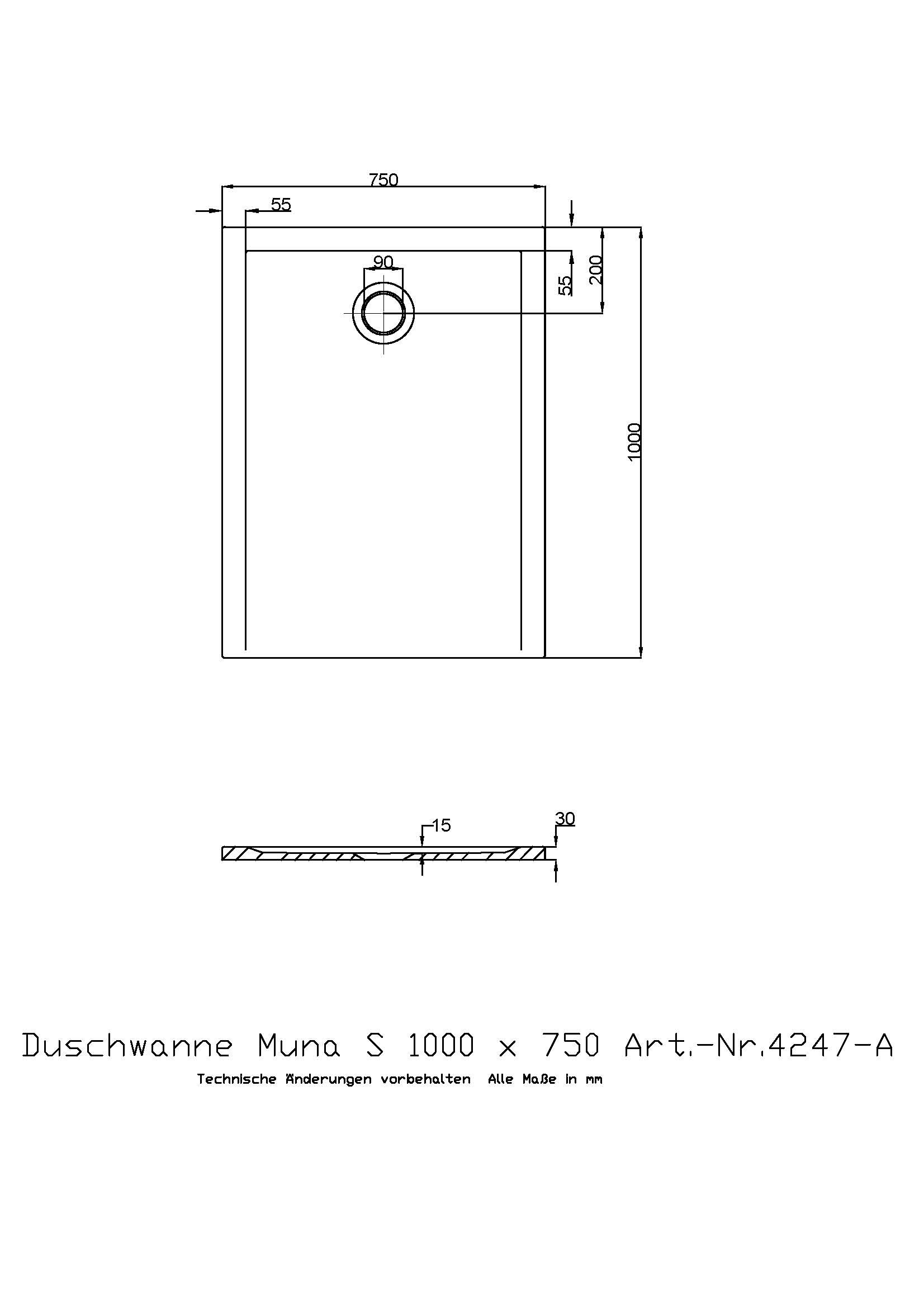 Hoesch Duschwanne Muna S 1000x750x30 ohne Antirutsch, Material Solique, weiß