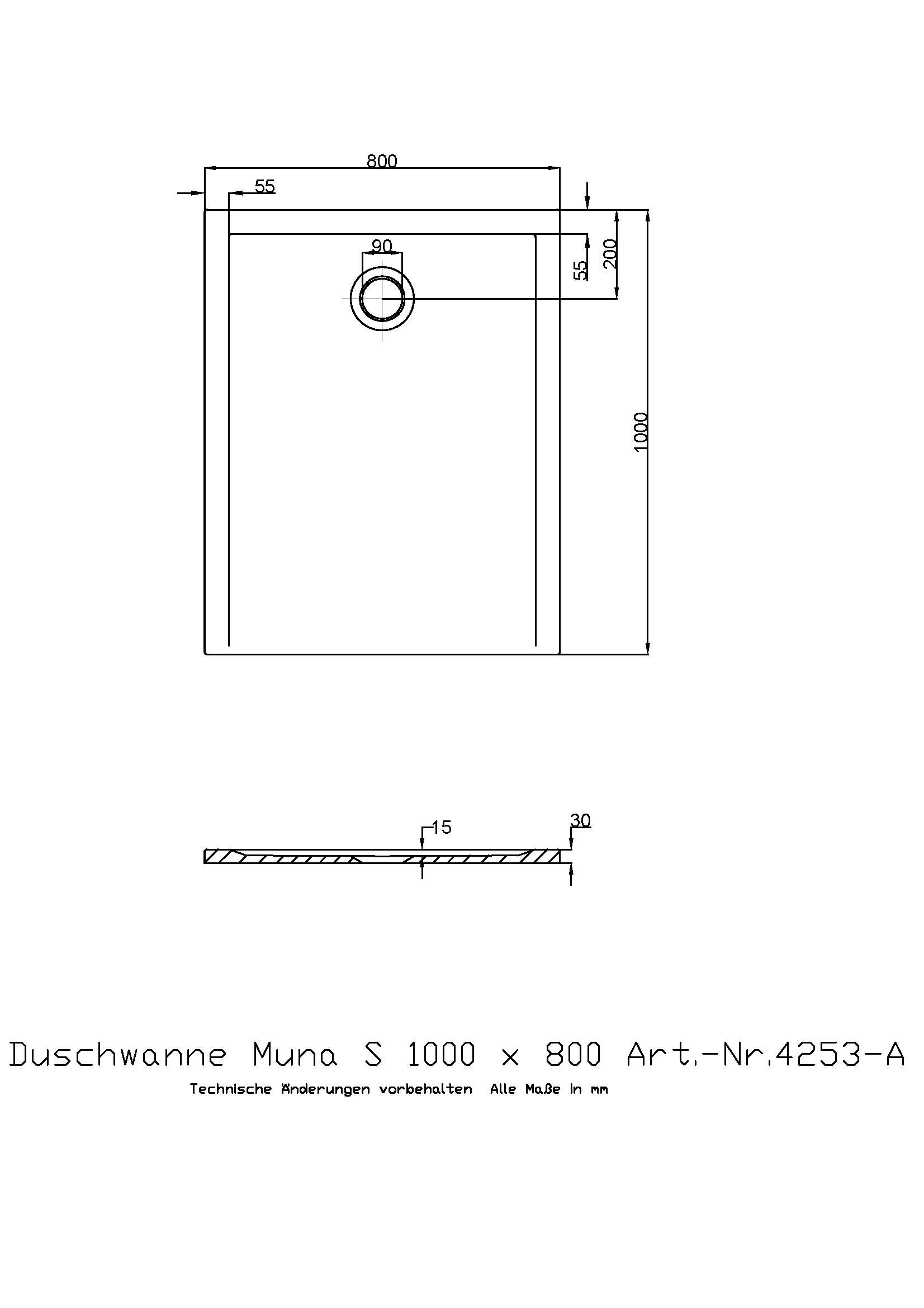 Hoesch Duschwanne Muna S 1000x800x30 ohne Antirutsch, Material Solique, weiß