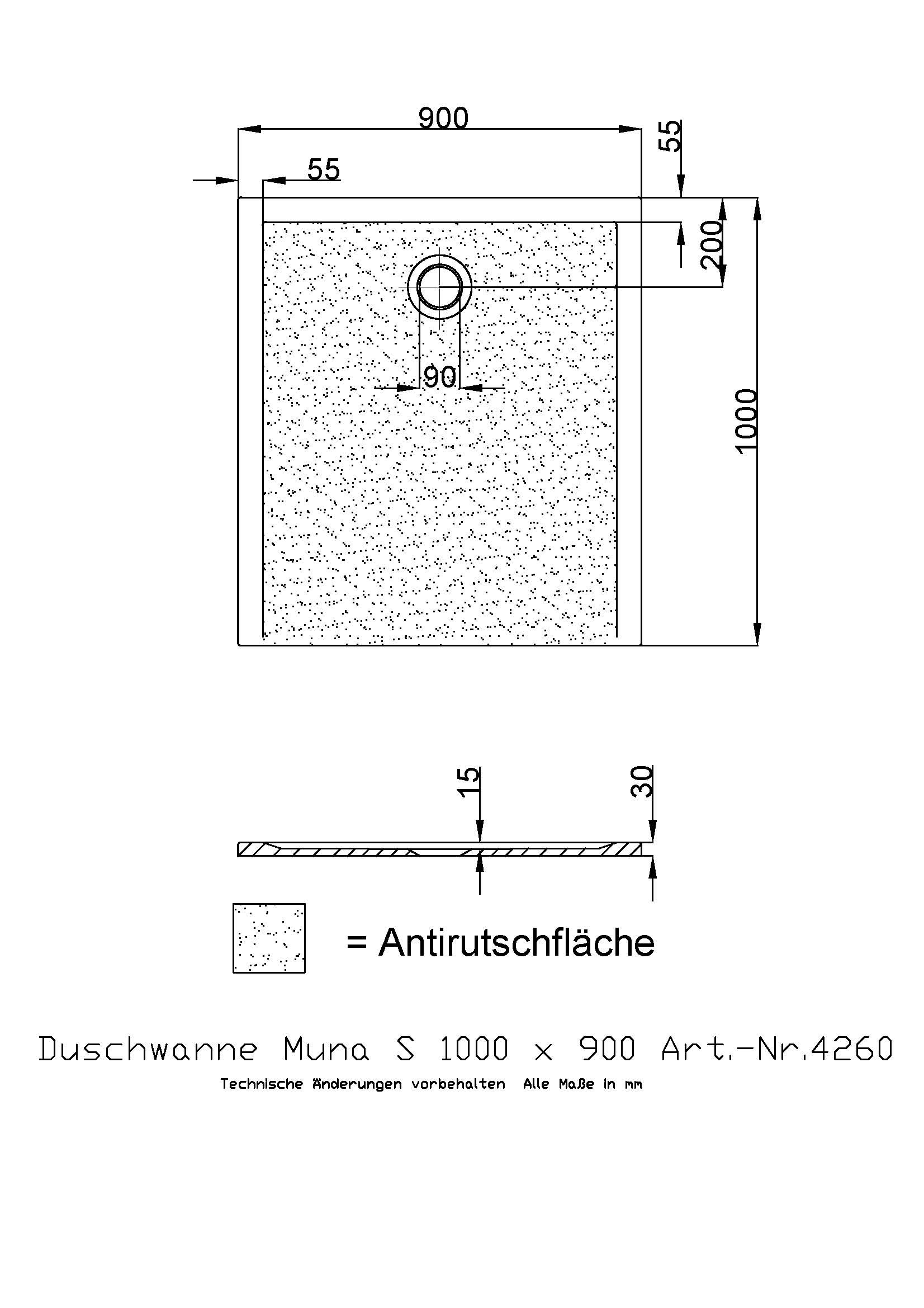 Hoesch Duschwanne Muna S 1000x900x30 mit Antirutsch, Material Solique, weiß