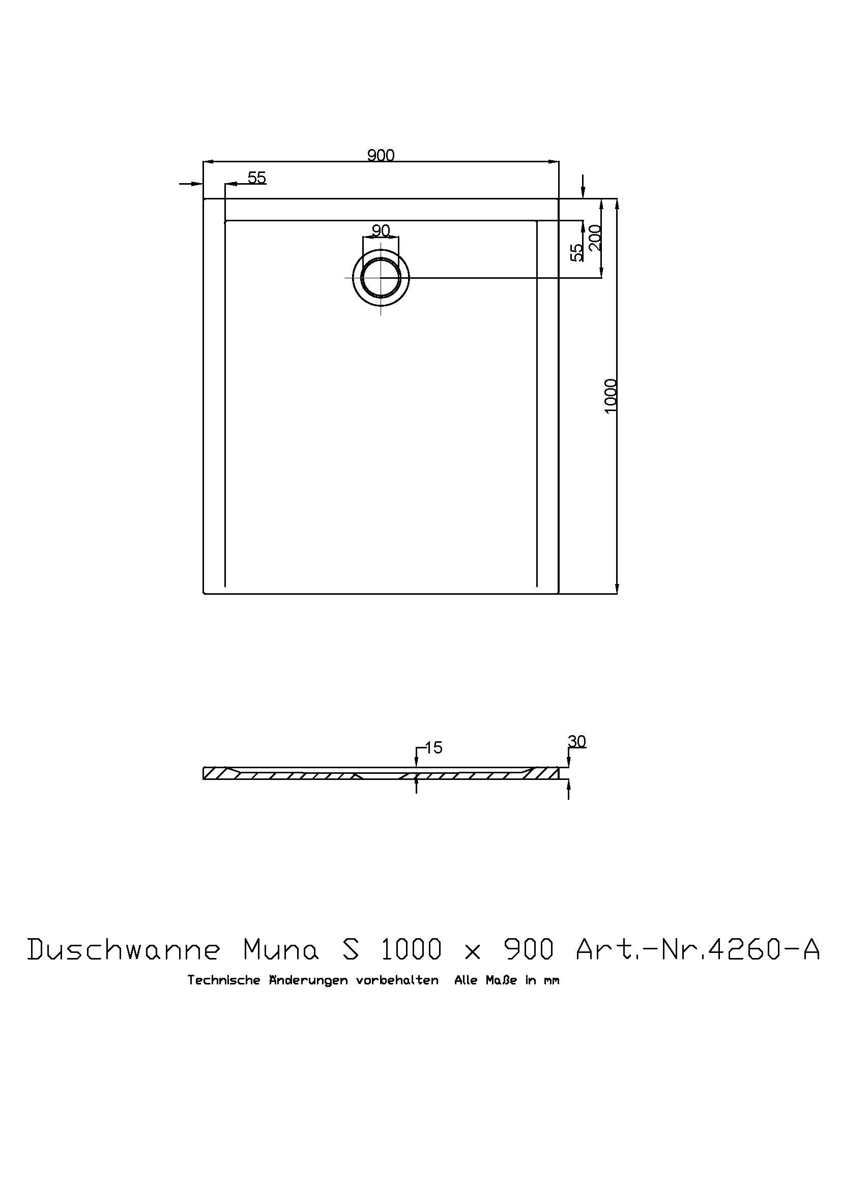 Hoesch Duschwanne Muna S 1000x900x30 ohne Antirutsch, Material Solique, weiß