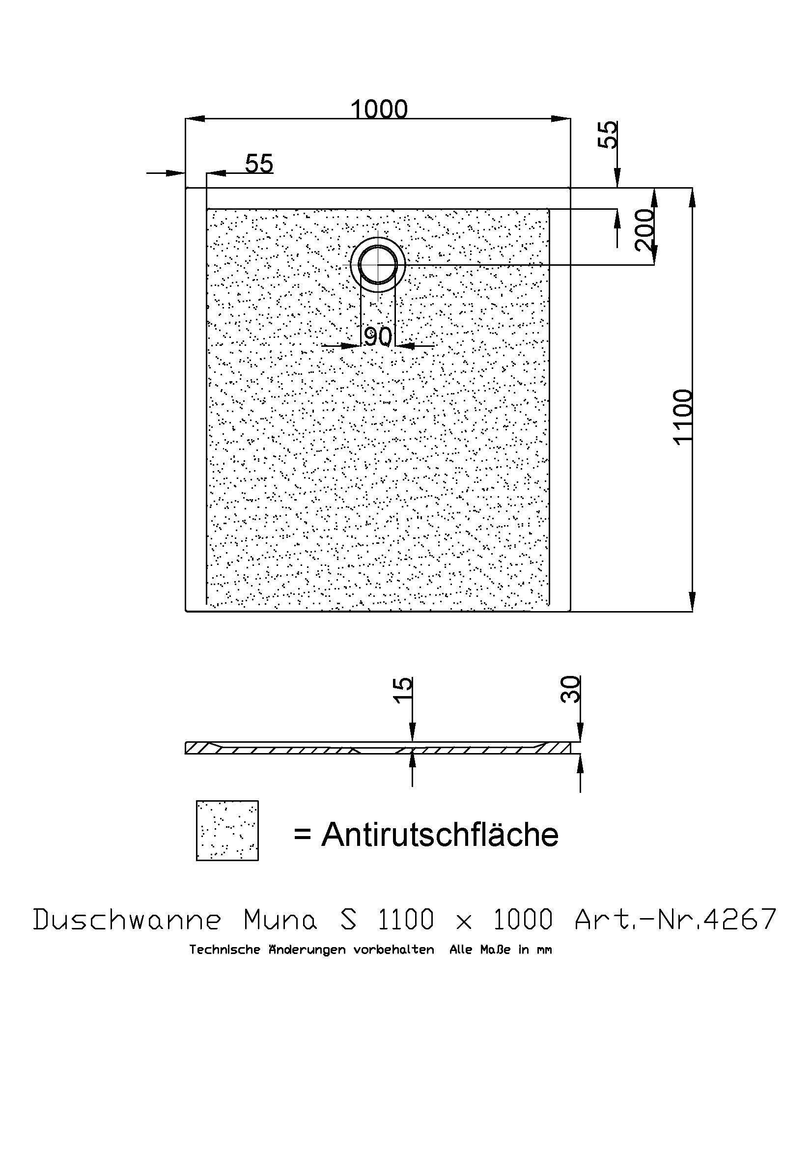Hoesch Duschwanne Muna S 1100x1000x30 mit Antirutsch, Material Solique, weiß