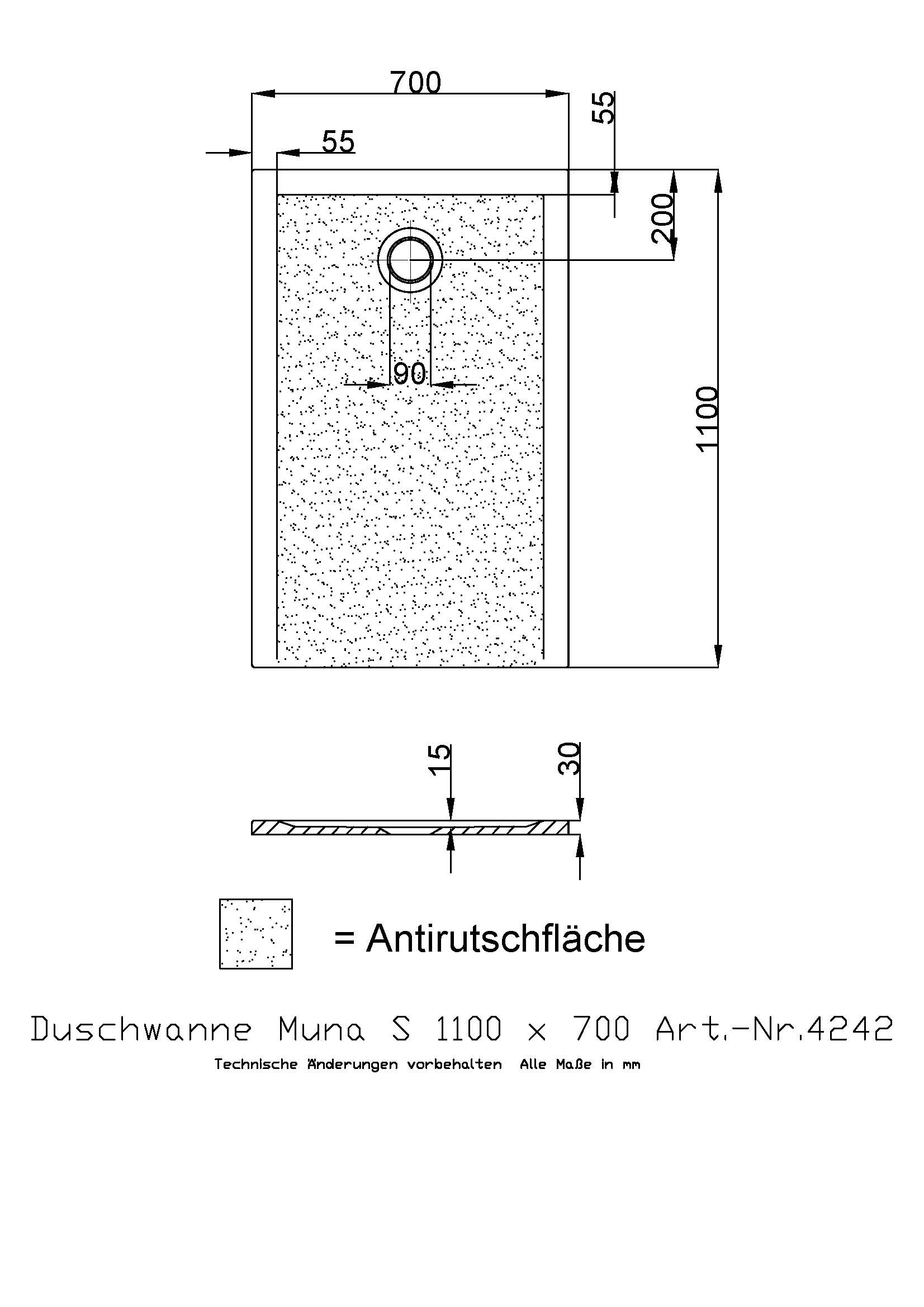 Hoesch Duschwanne Muna S 1100x700x30 mit Antirutsch, Material Solique, weiß